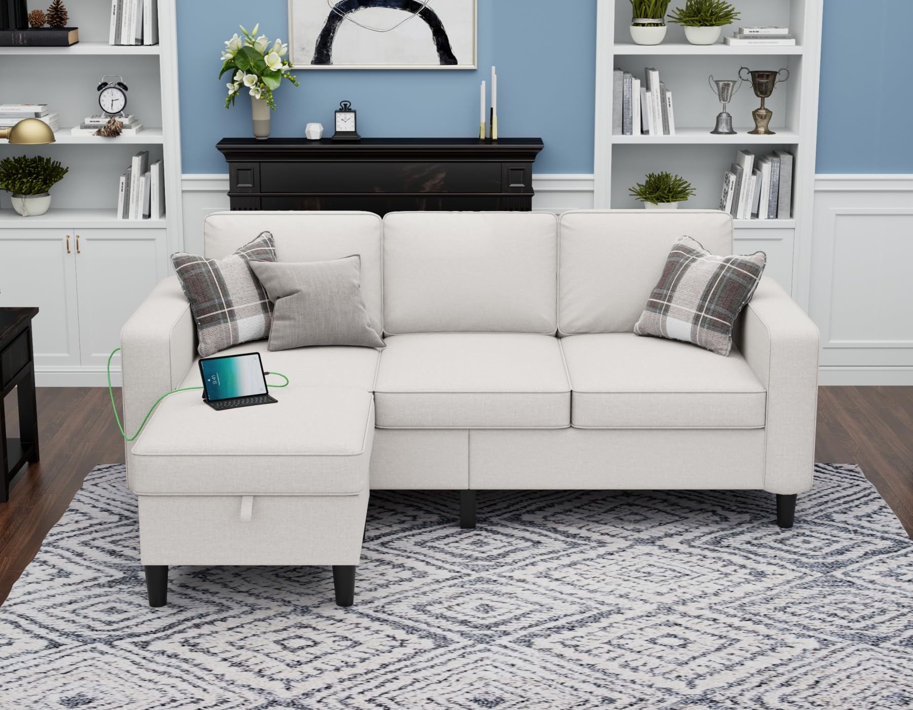 Sectional Couches for Living Room - Convertible 3 Seater L Shaped Couch with Storage Ottoman USB Charging Port - Beige Modern Linen Fabric Sofas