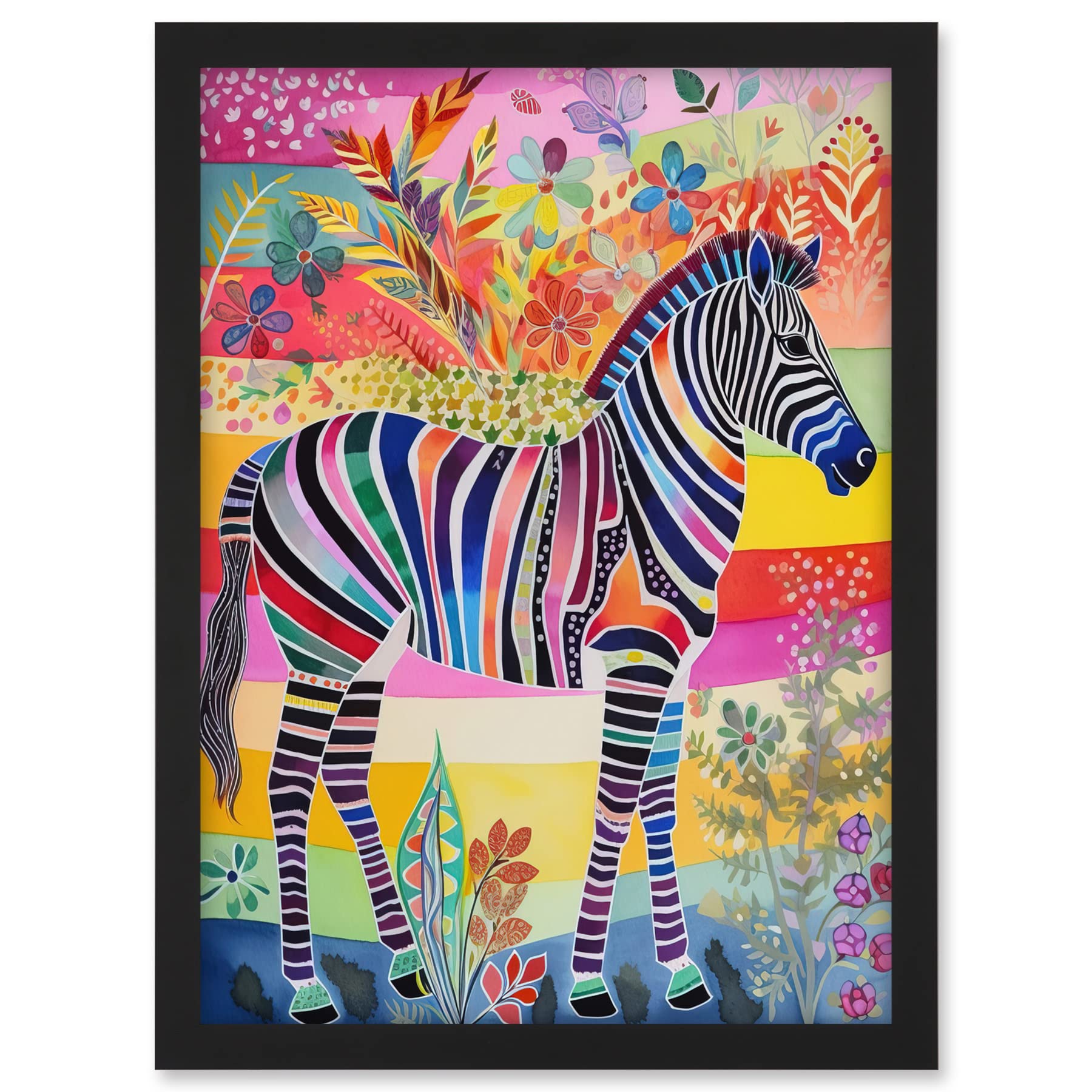 Artery8 Zebra Rainbow Floral Abstract Folk Art Artwork Framed A3 Wall Art Print