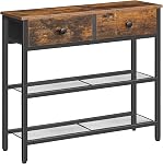 HOOBRO 75 cm Narrow Console Table with 2 Fabric Drawers, Small Entryway Table with 3-Tier Storage Shelves, Thin Sofa Side Table, for Living Room, Hallway, Rustic Brown and Black BF72XG01