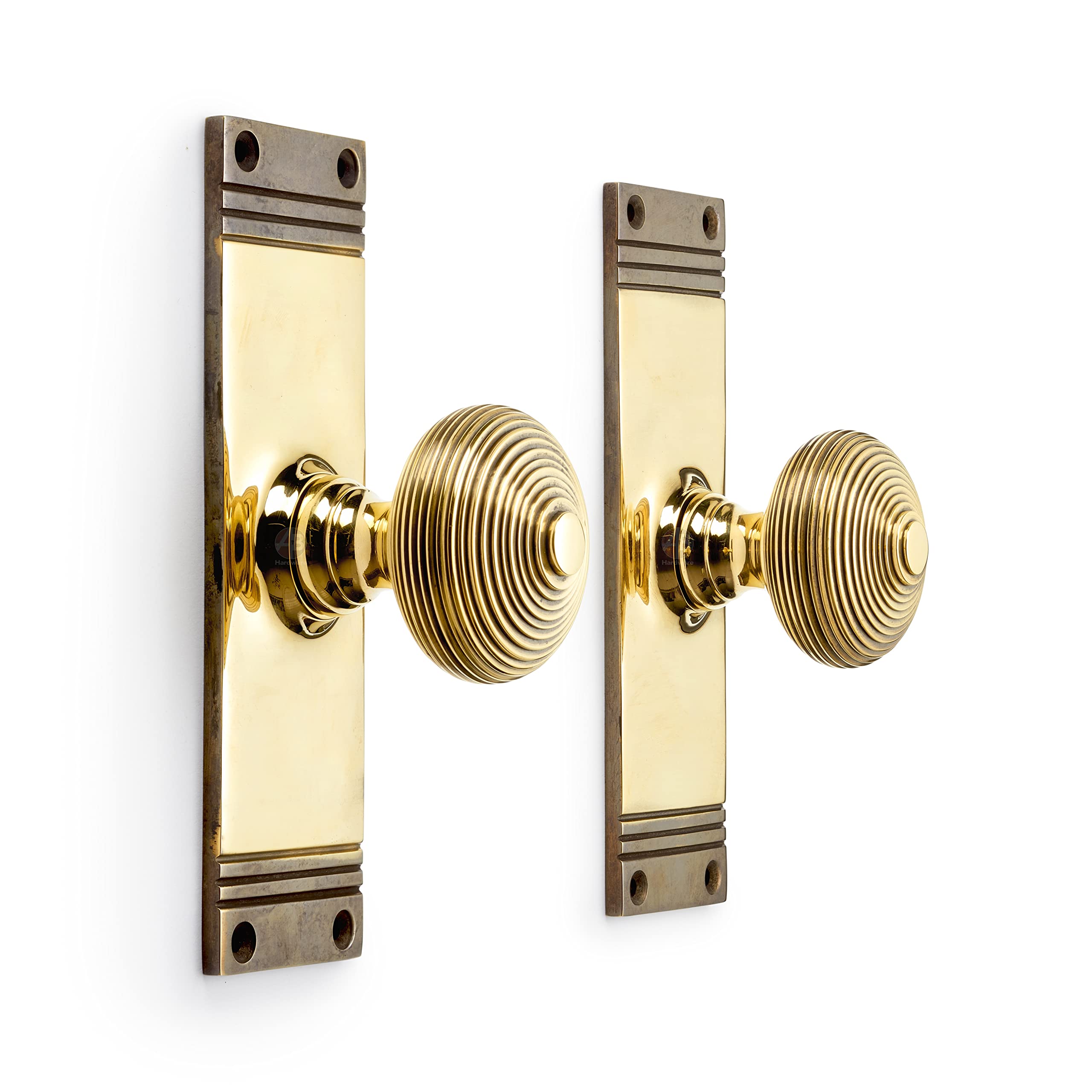Ab Hardware Aged Brass Solid Brass Beehive Door Knobs On Backplate Mortice Reeded Pair Set (Aged Brass)