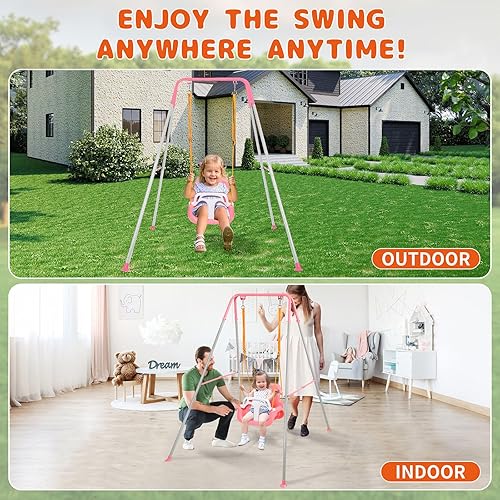 Miniatura 6 de Juego de columpios 3 en 1 para niños pequeños, juego de columpios para bebé con soporte de metal plegable para jugar al aire libre e interior,