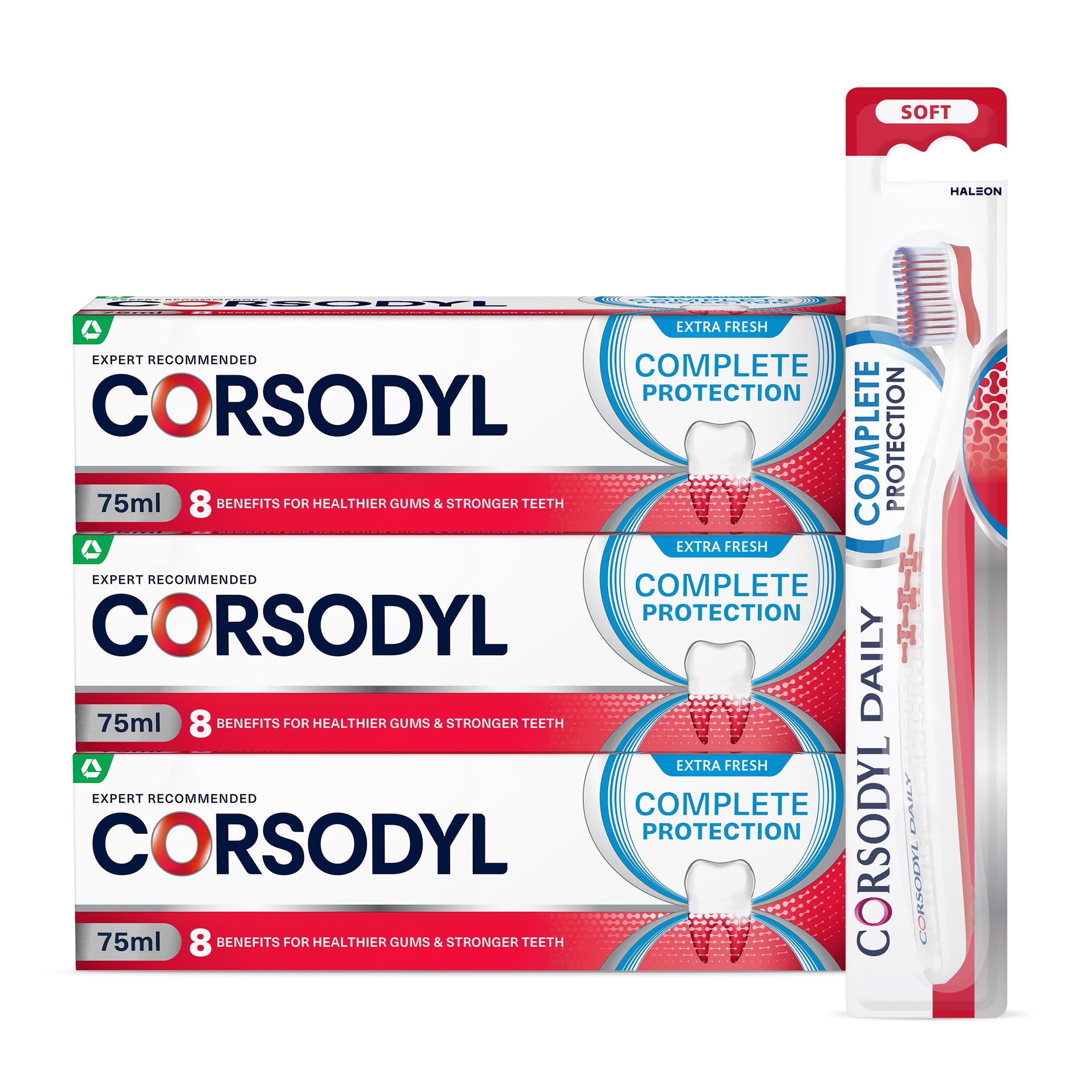 Corsodyl Complete Protection Bundle: 3X Complete Protection Extra Fresh Toothpaste 75ml & 1X Corsodyl Soft Toothbrush