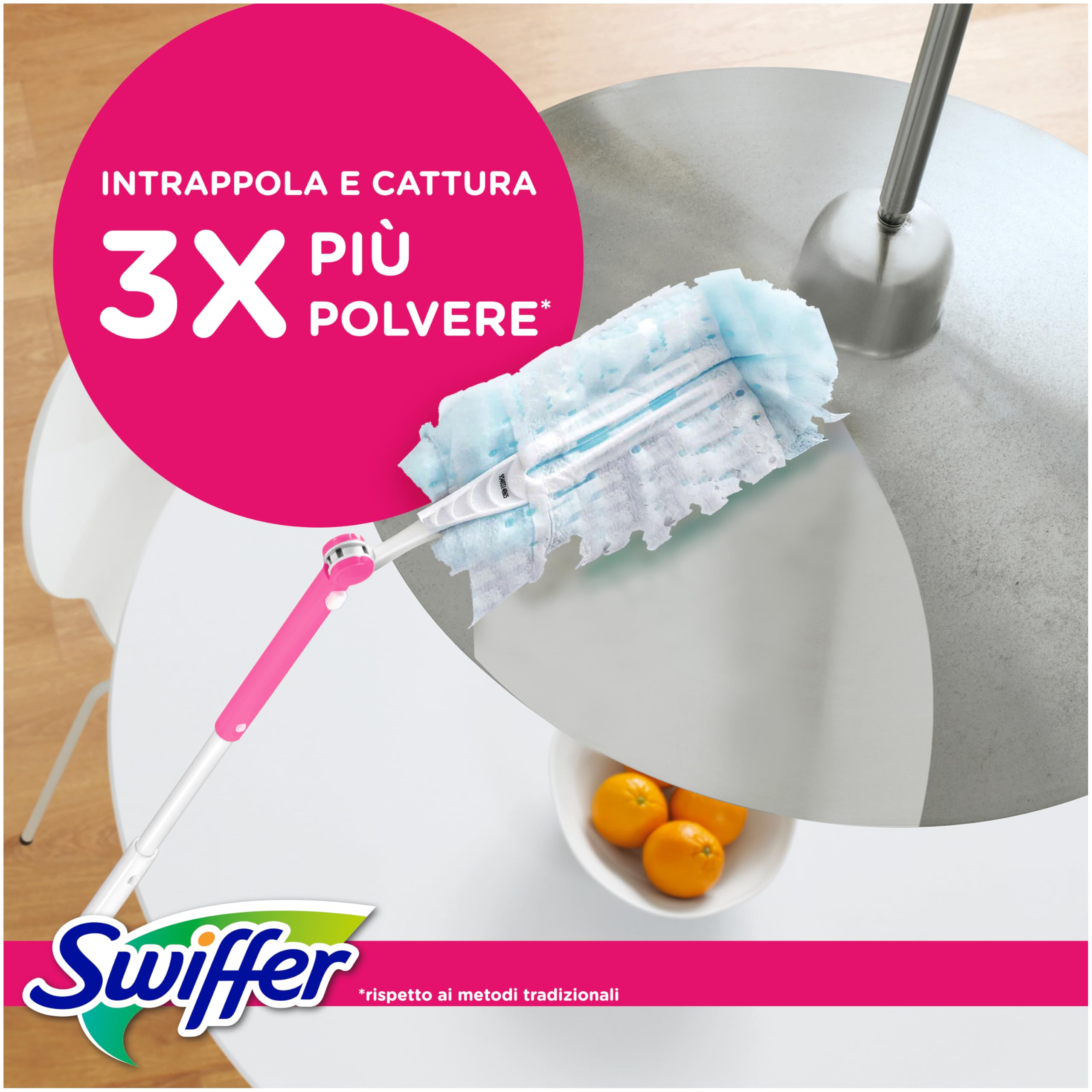 Swiffer Pink Duster Piumini Catturapolvere, 54 Piumini, Cattura e Intrappola Polvere e Sporco, Raggiunge i Punti Più Difficili della Casa, Piumini con 45% di Fibre Riciclate