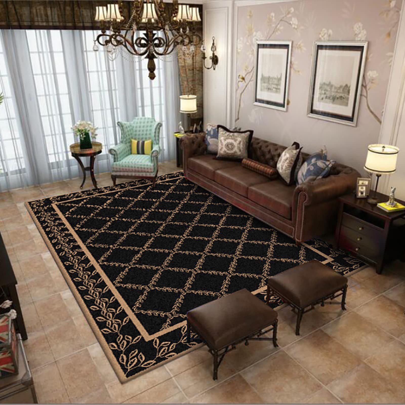 Tapis grand salon noir géométrique rétro 160x230 cm à poil ras