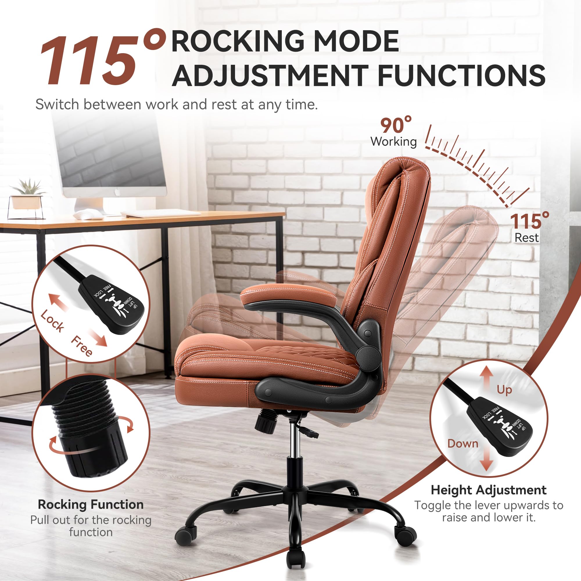 Sedia da ufficio ergonomica con funzione basculante, sedia da scrivania regolabile in altezza, in ecopelle, 150 kg, colore marrone
