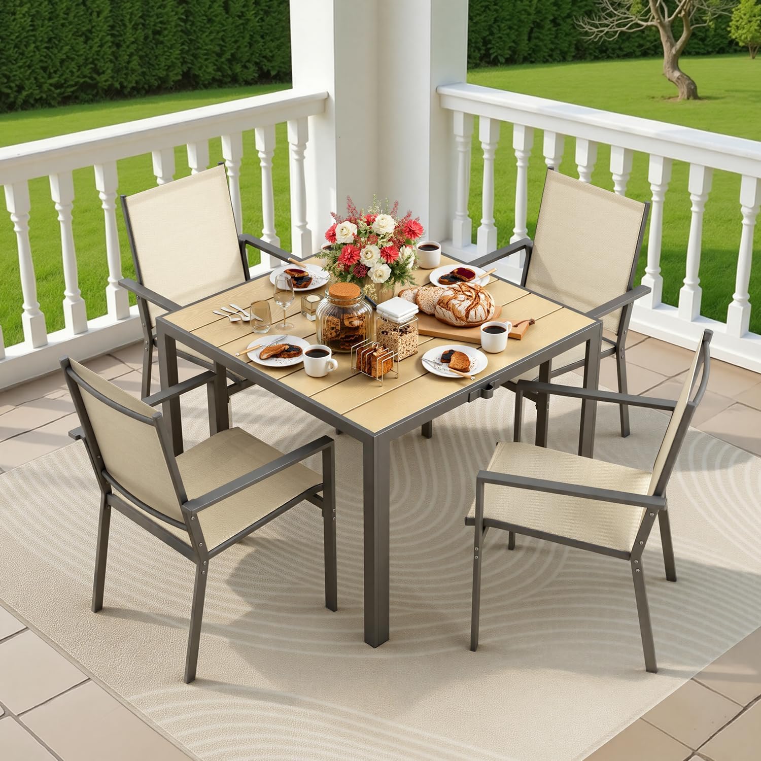 Ahomly Outdoor Dining Sets for 4, Patio Table and Chairs Set Includes Rectangle Outdoor Table with Umbrella Hole, Textilene Fabric Outdoor Chairs for Backyard,Courtyard,Poolside,Lawn,Brown