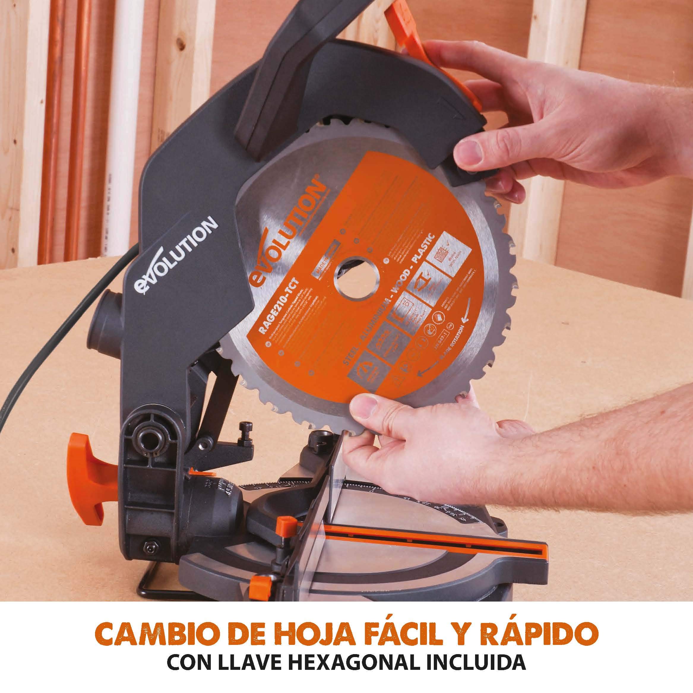 Evolution Power Tools R210CMS Multimaterial Sierra Ingletadora - Corta acero dulce, aluminio, plástico, madera con clavos incrustados, 210 mm