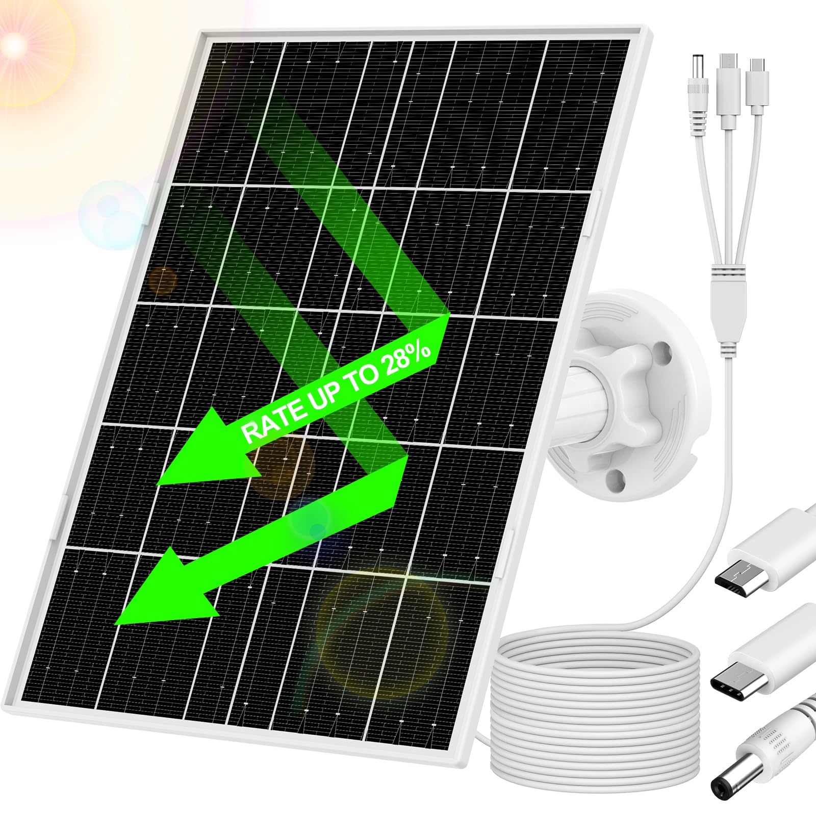 8W Solar Panel for Security Camera, Charger With Micro USB, USB-C & DC Port, IP65 Waterproof, 9.8Ft Charging Cable, Suitable for Rechargeable Battery Cameras