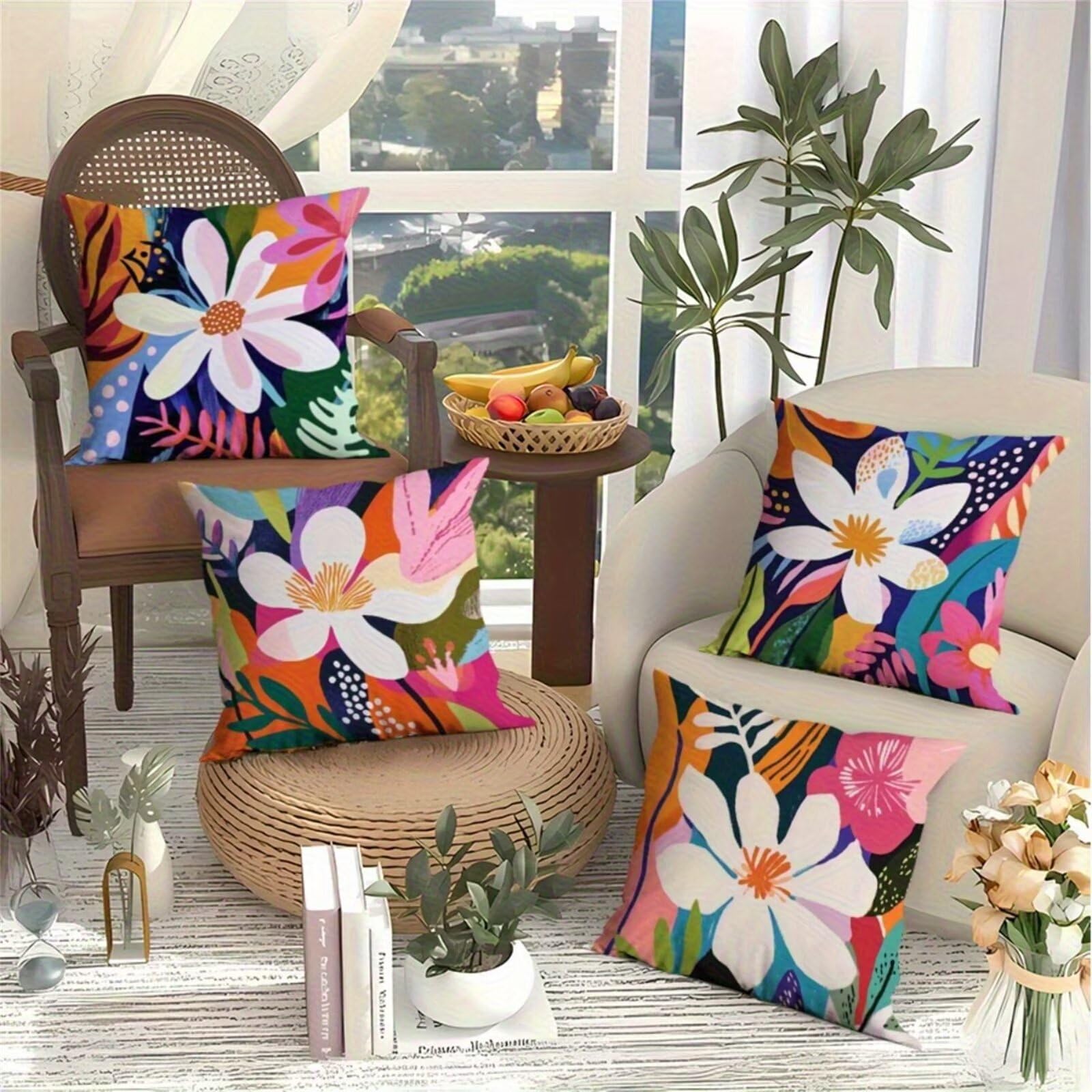 Federe Cuscini Divano 65x65 cm Set di 4 Fodere per Cuscini Decorazioni in Lino Rosa Giallo Verde Decorativo Moderno Federa Quadrata per Divano Camera Letto da Soggiorno Cuscini da Esterno