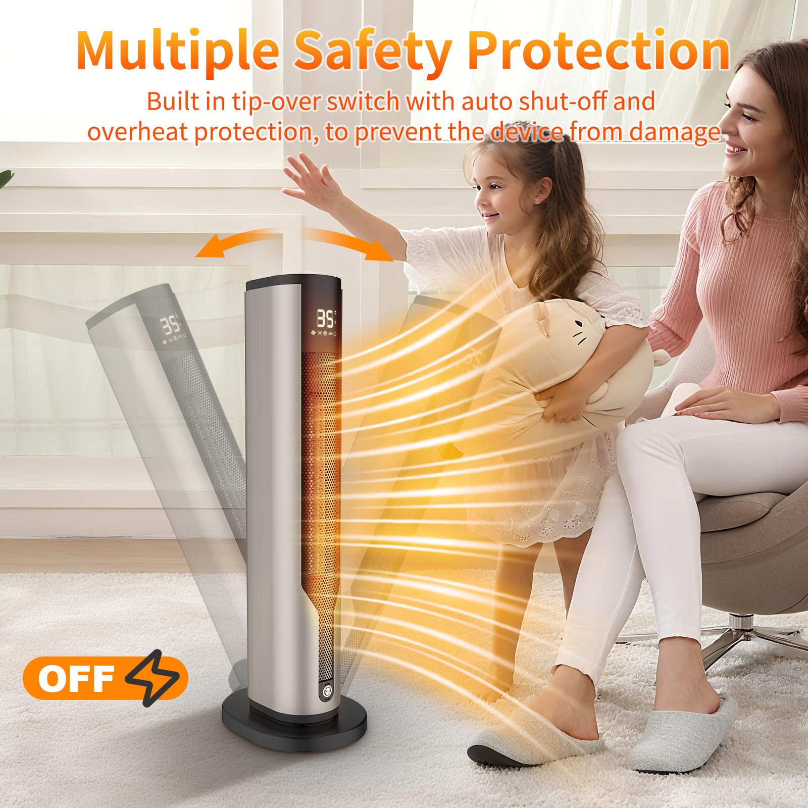 Calefactor Baño,Calefactor Bajo Consumo 2000W,Calentador Cerámico Silencioso de 60cm,Protección Contra Sobrecalentamiento y Vuelco,Oscilación de 70°,3 Modos,Temporizador de 12 h