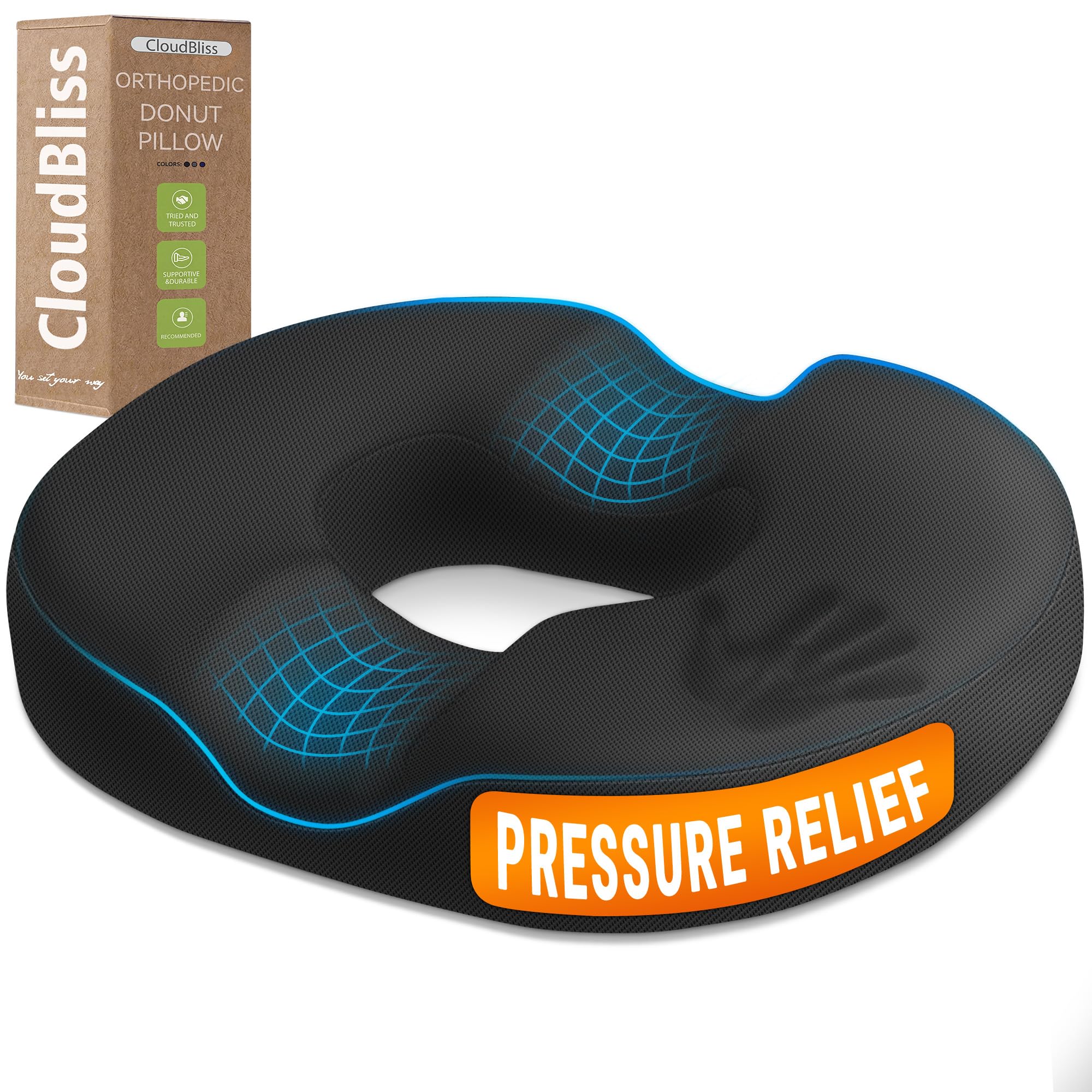 CloudBliss Donut Pillow Stadium Seat Cushion for Tailbone Pain Relief and Hemorrhoids, Memory Foam Seat Chair Cushion, Portable Seat Cushions for Bleachers, Car, Home &amp; Office