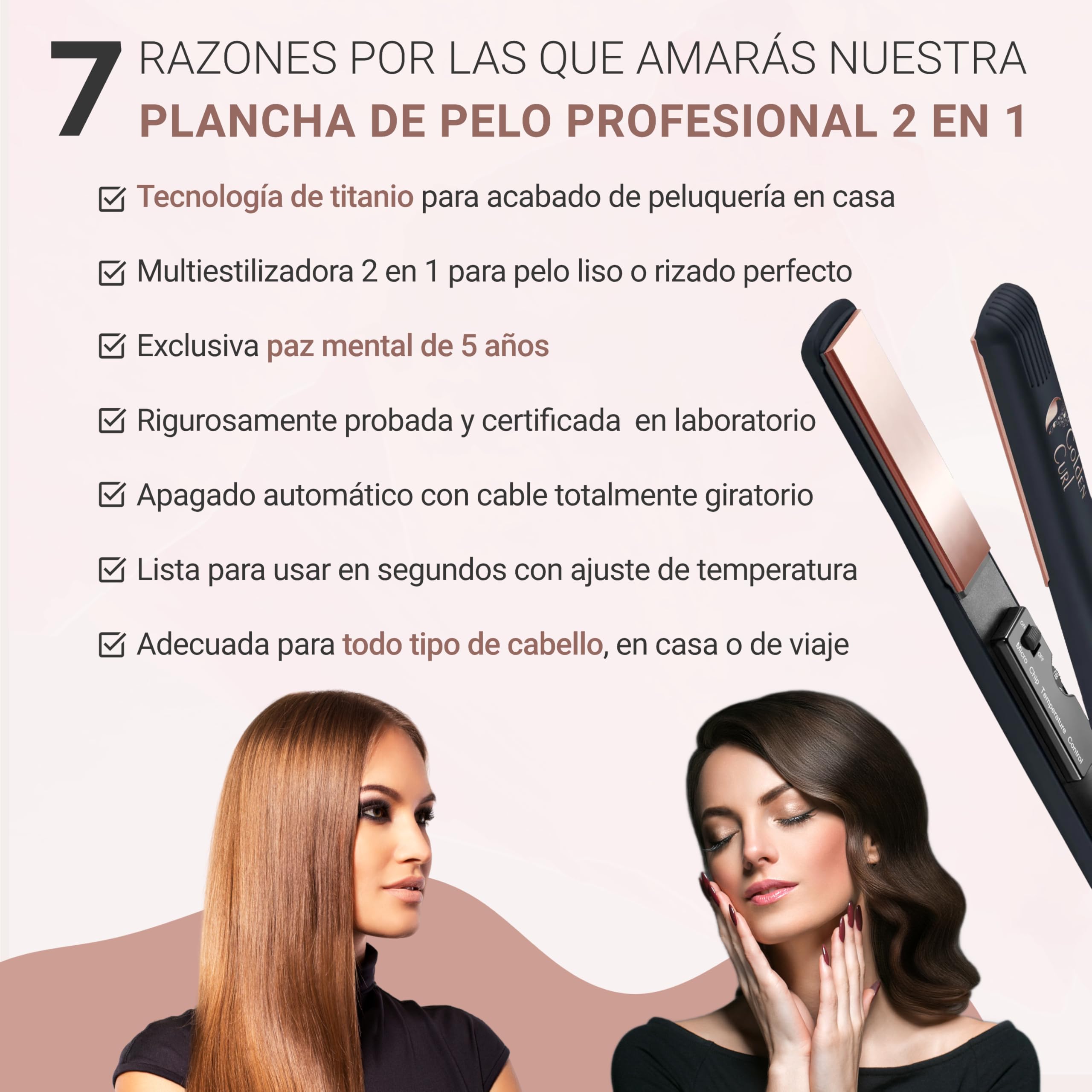 Golden Curl Planchas del Pelo para Alisar y Rizar - 5 Años de Tranquilidad - Alisador y Rizador de Pelo 2 en 1 Profesional - Modelador de Cabello para Alisar o Hacer Ondas (Oro Rosa)