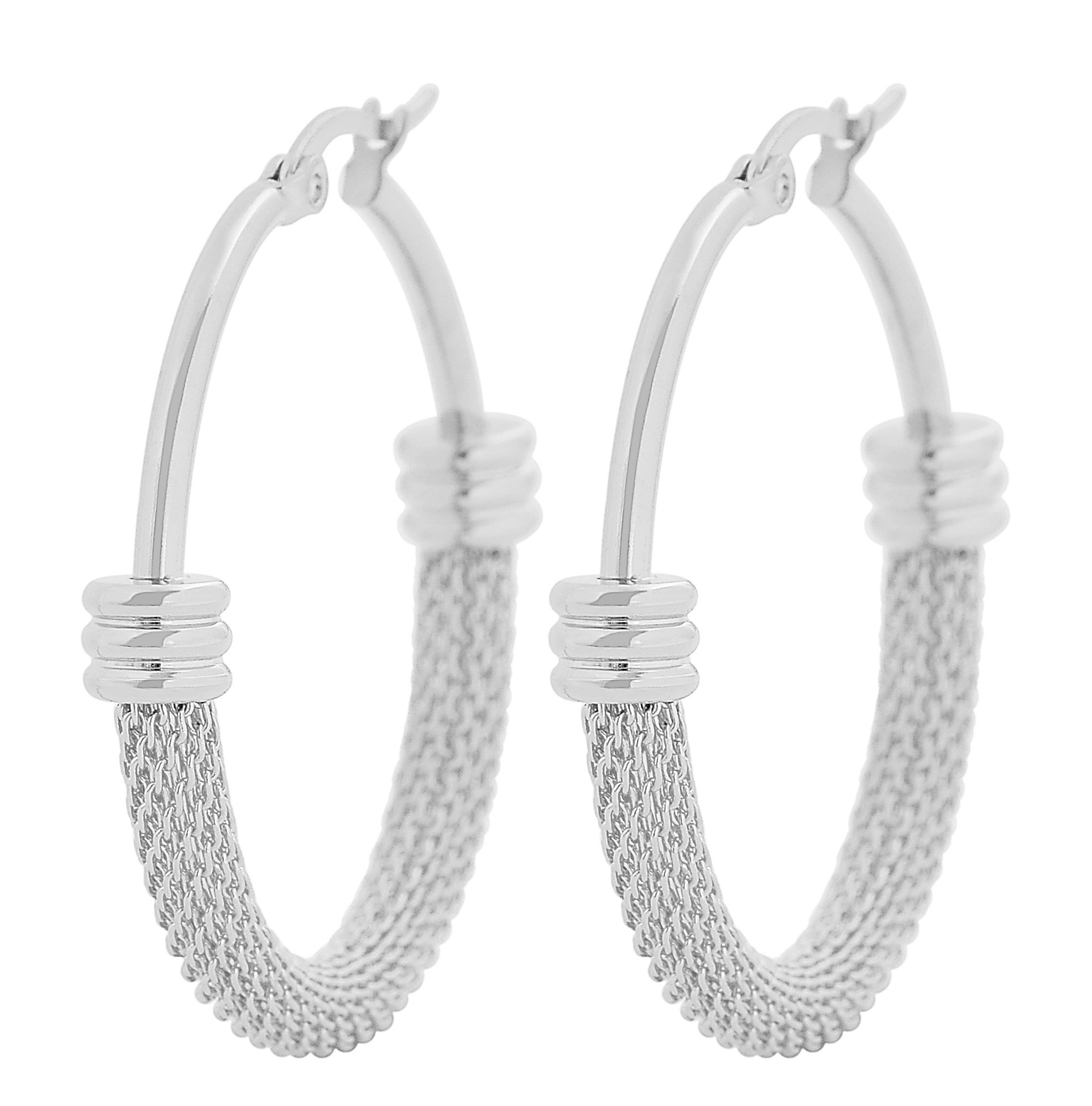 Edforce Women's Stainless Steel Half Hoop Half Mesh Link Hoop Earrings (28mm-40mm)