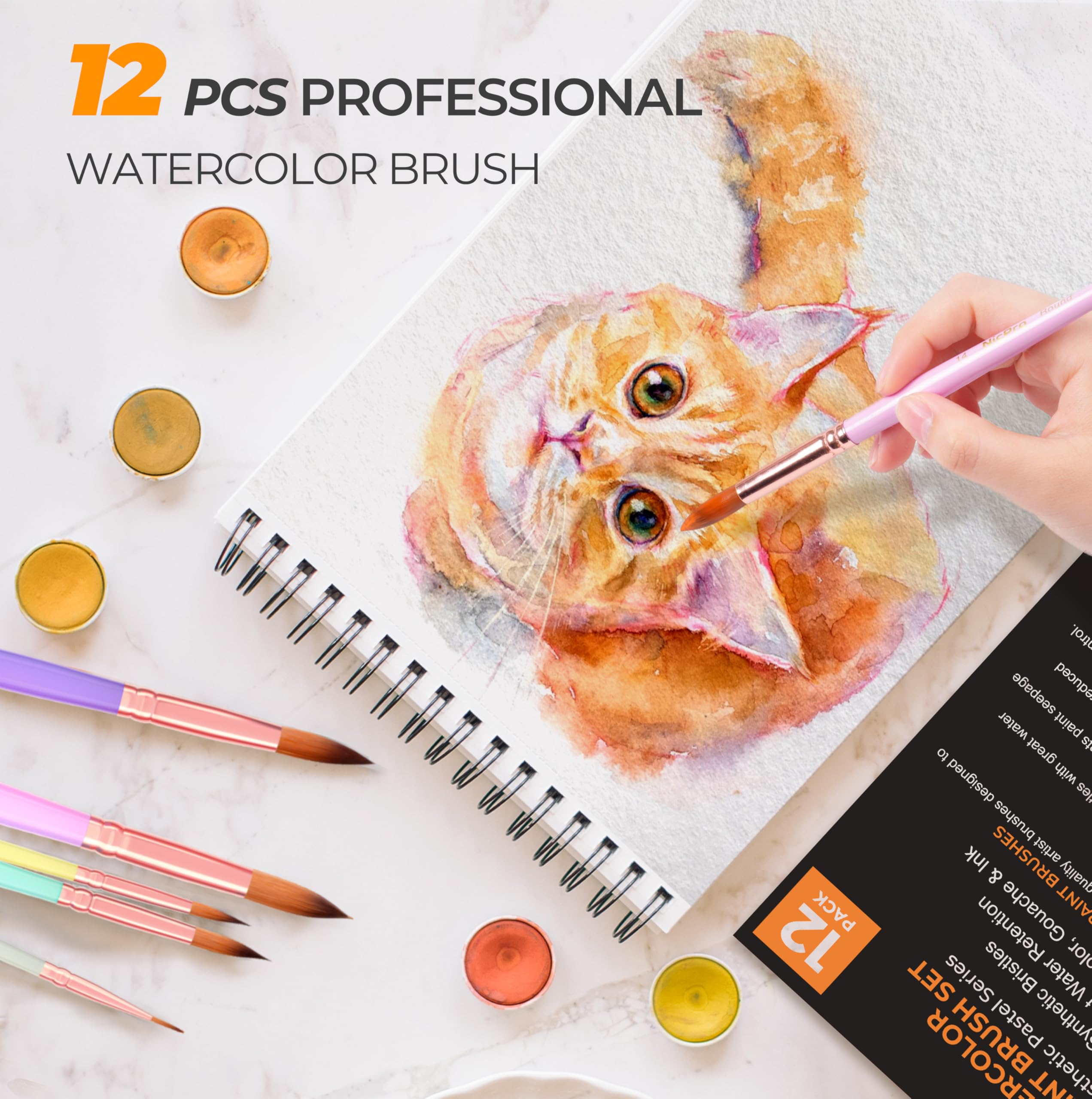Nicpro 12 pennelli per pittura ad acquerello, set di pennelli estetici con punta arrotondata e pastello, pennelli professionali in morbido materiale sintetico per scoiattolo, pennelli da artista per