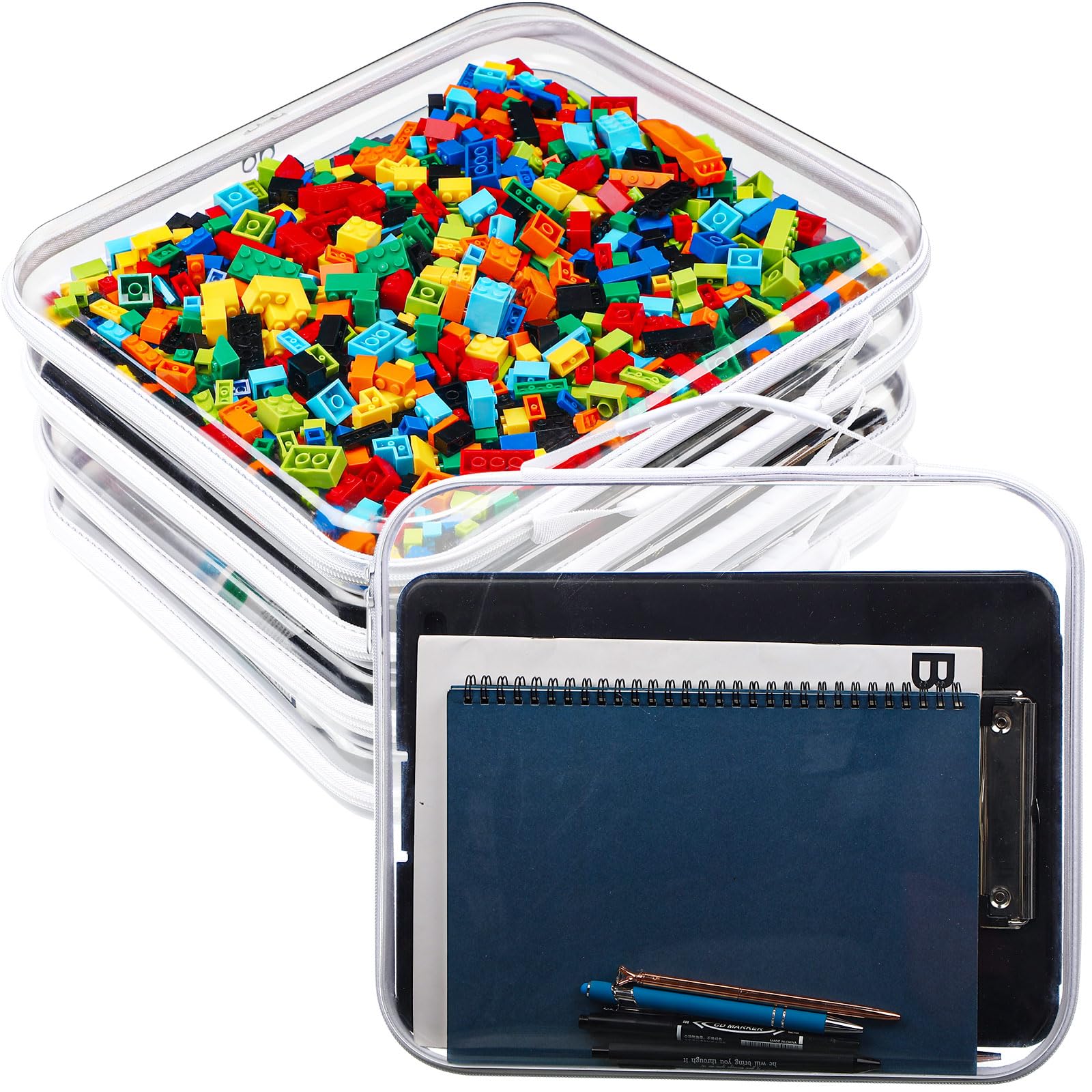sanwuta 4 pcs clear hard zipper case with handle office storage cases hard plastic pouches transparent bins for crafts, snacks, cosmetics, puzzles(13.8 x 11.8 x 2 inches,white)