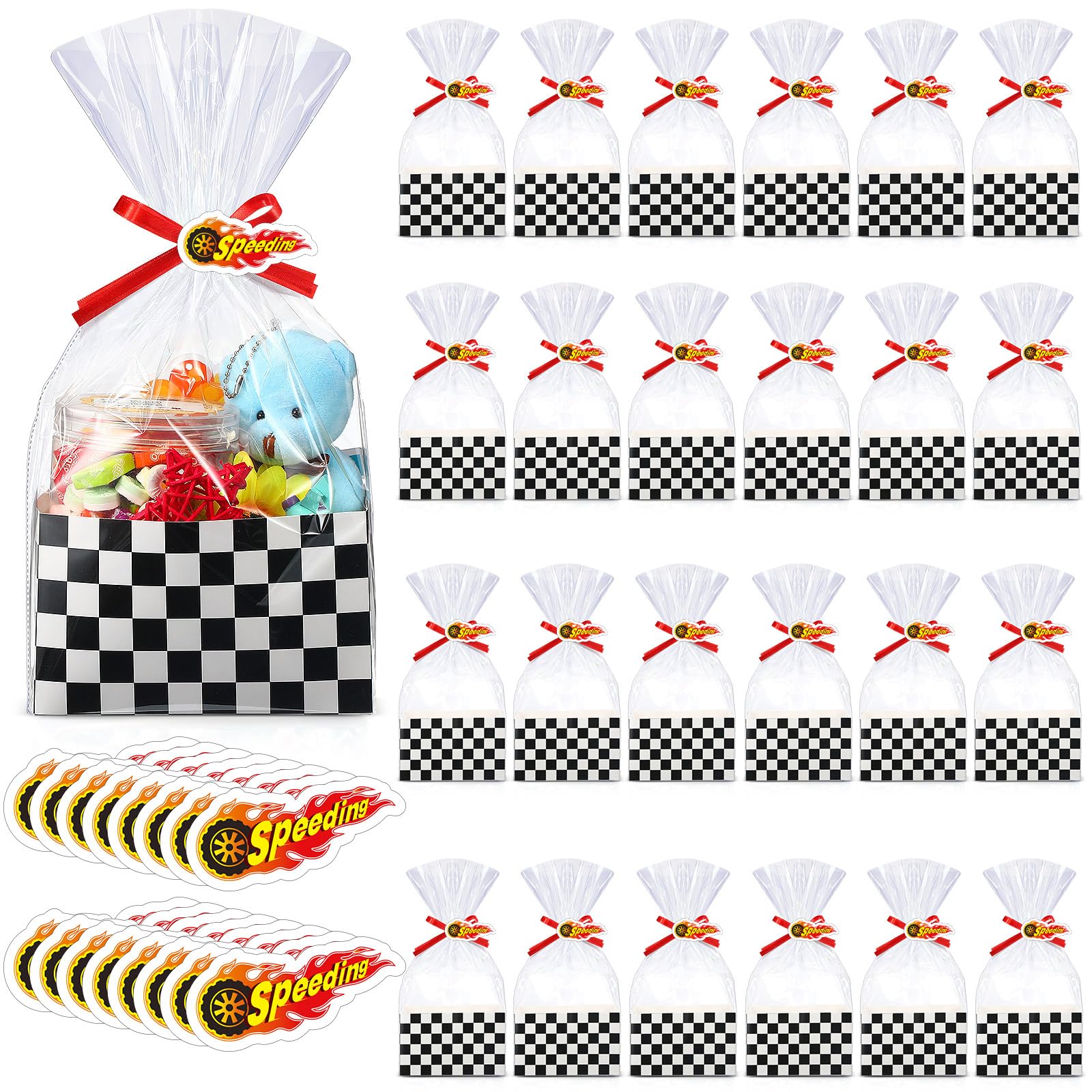 Photo 1 of PerKoop Racing Basket for Gifts Empty Set Checkered Cardboard Basket with Handles Clear Plastic Bag Red Ribbon Tag Gift Basket Kit Supplies Wrap to Fill for Race Car Birthday Party Favor (24)