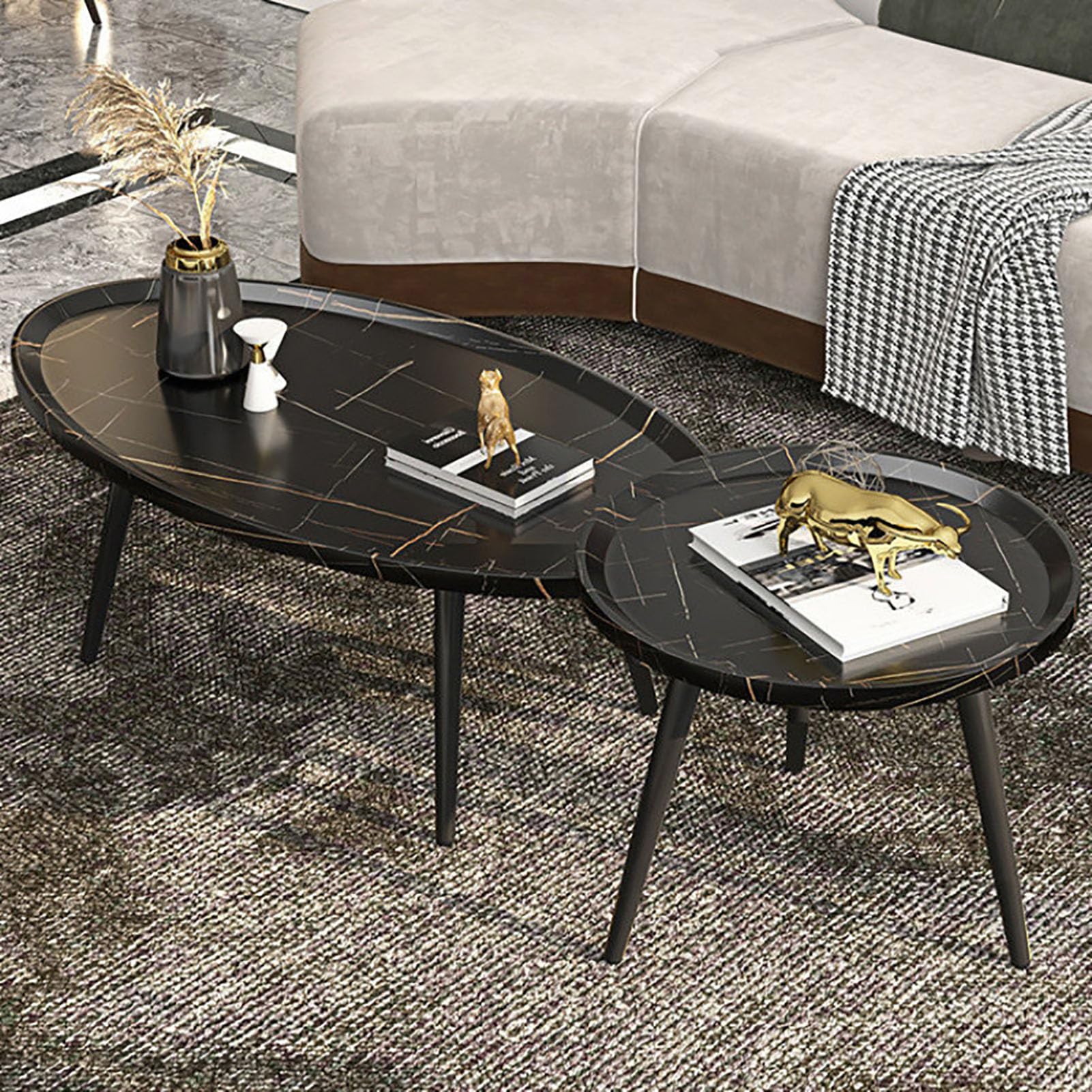 SXZenSpace Oval Wood Coffee Table Set of 2,31.5" Mid Century Modern Nesting Center for Living Room with Open Design Legs,B,80cm(31.5")+50cm(19.7")