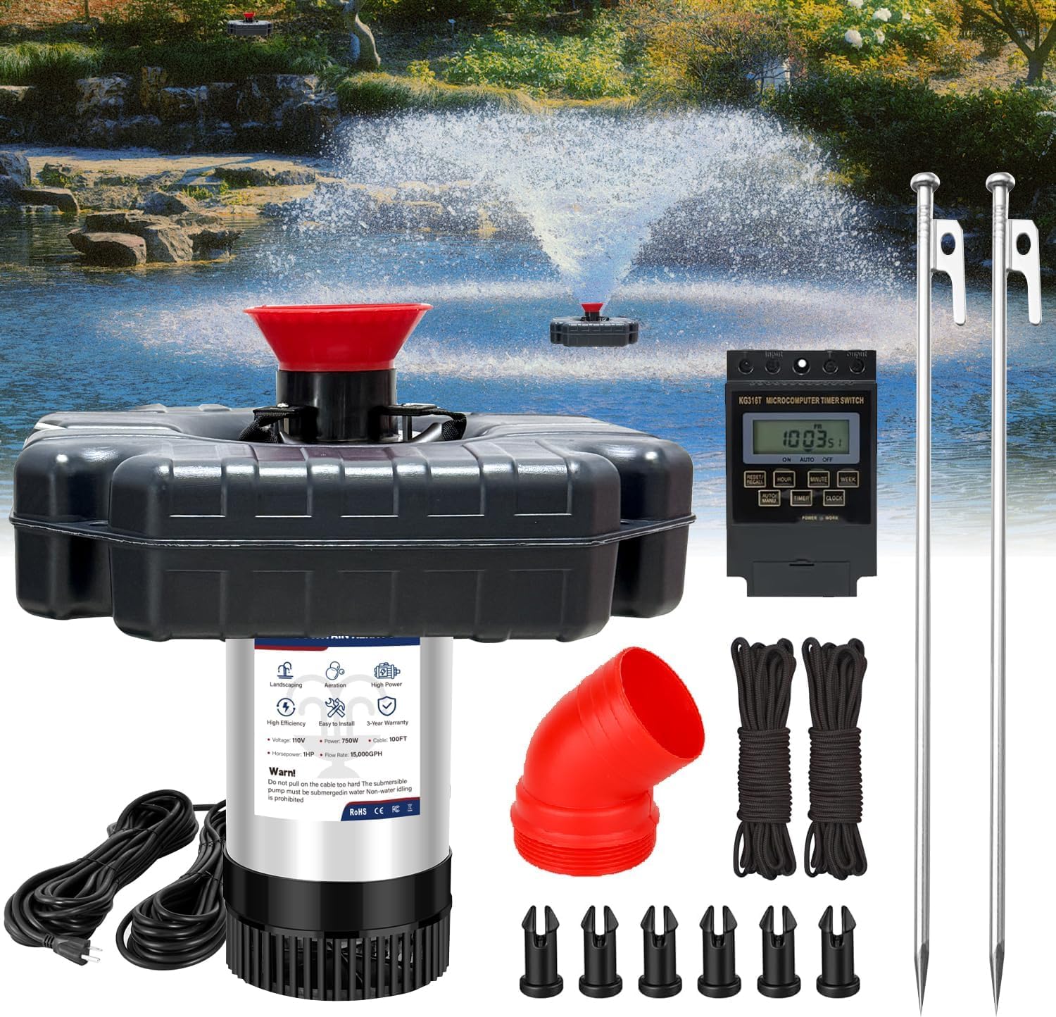 Pond Fountain Aerator Pump, 1HP 110V 15,000 GPM Pond Fountain, pond aerator, 15 Amp/100-foot Power Cord, Timer Controller, Suitable for Pond and Lake Aerator Pumps