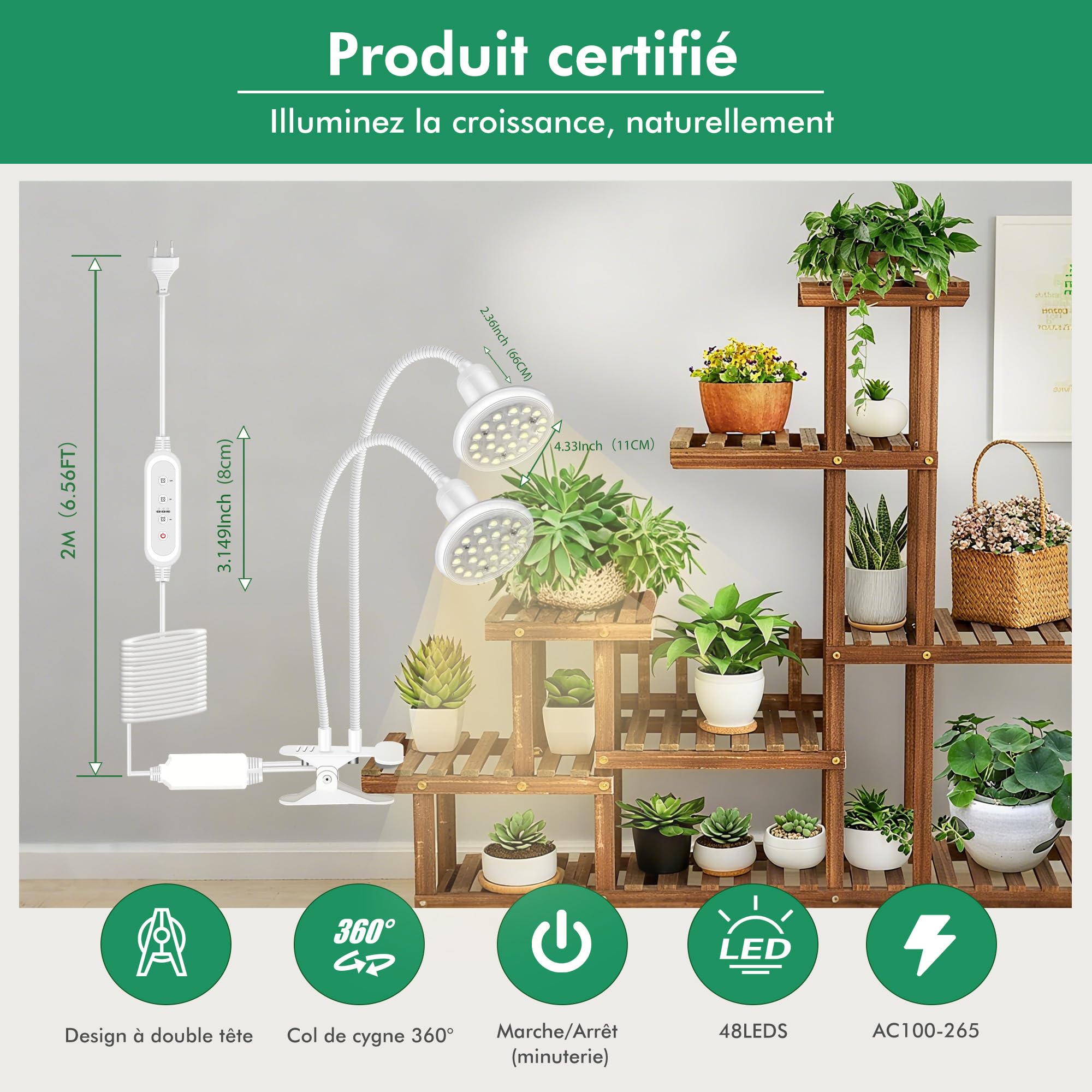 IMVSINCERE Lampe Horticole 20W LED spectre complet pour Plantes d'Intérieur avec 2 Ampoules de Culture LED 3500K+660nm E27 avec minuterie 4/8/12H Toutes phases de croissance – Blanc