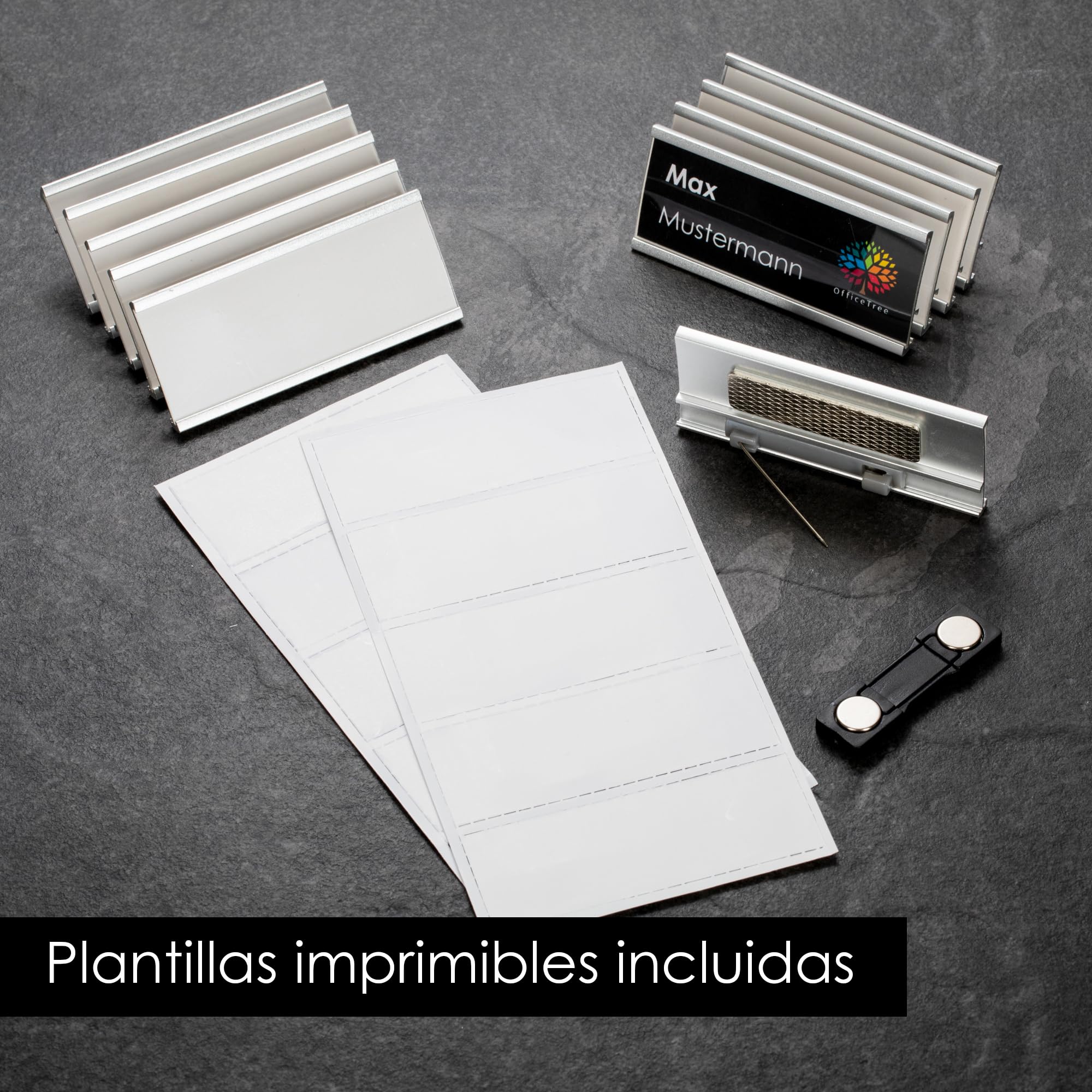 OfficeTree 10 x Placas Identificativas Personal de Aluminio con Pasador y Imán - Chapa Identificativa Trabajo - Placa Identificativa Personal - Identificadores Personales para Ferias y Seminarios