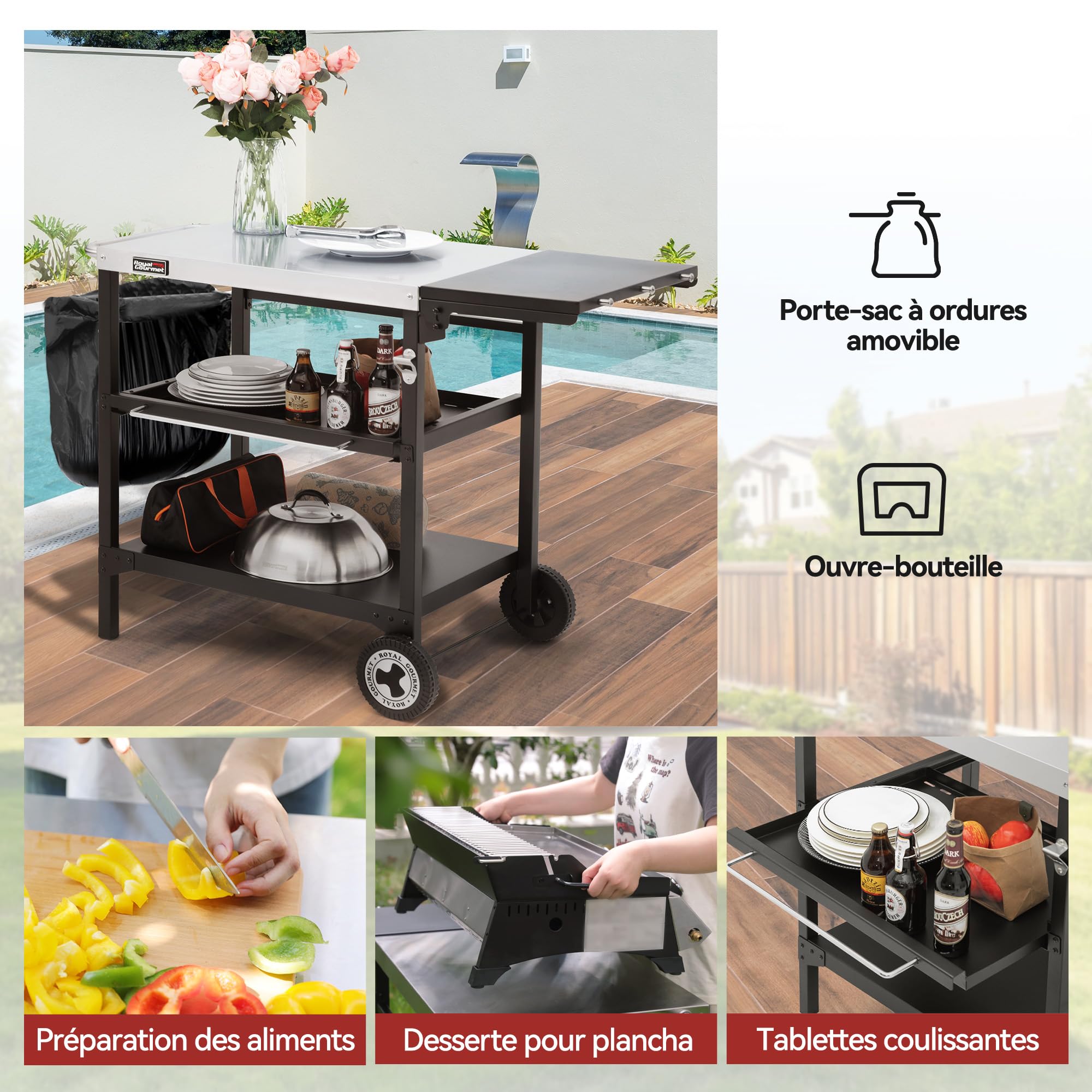 Royal Gourmet Postre Exterior para Plancha, 3 estantes Carro para Barbacoa con Mesa de Acero Inoxidable 70 x 50 cm y Mesa Auxiliar Plegable de 30 x 50 cm, Apto para Cocina y jardín