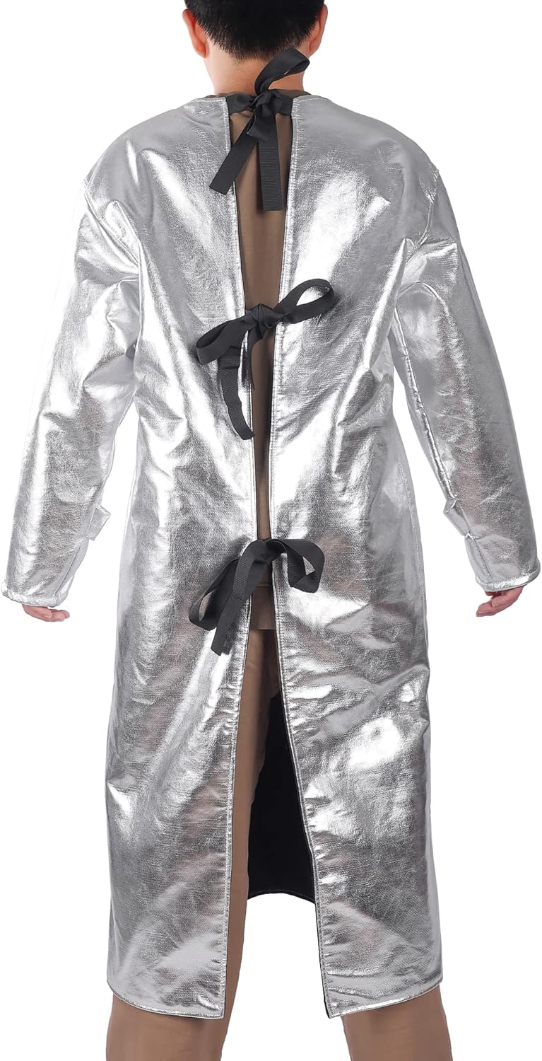 1832°F Aluminized Apron with Sleeves, Back-Open Heat Resistant Fireproof Smock, 1000°C Radiant Heat Protection