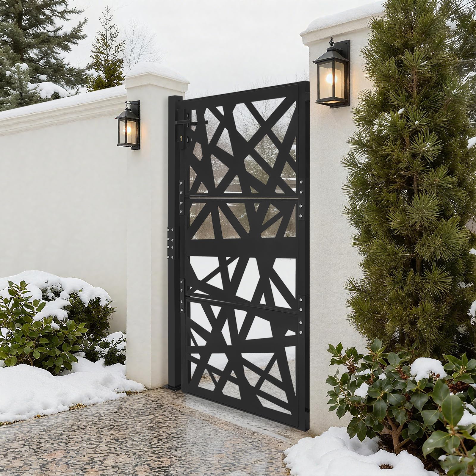 Gartentor Metall Gartentür aus Stahl, abschließbar Hoftor Eingangstor für Garten, Terrasse und Einfahrt mit geometrisches Lochmuster-Design, 175 cm hoch (Schwarz)