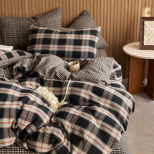 Miniatura 6 de EAVD - Ropa de cama con funda de edredón de estilo modernobohemio, 100% algodón lavado, tamaño king, reversible, beige liso, con 2 fundas de