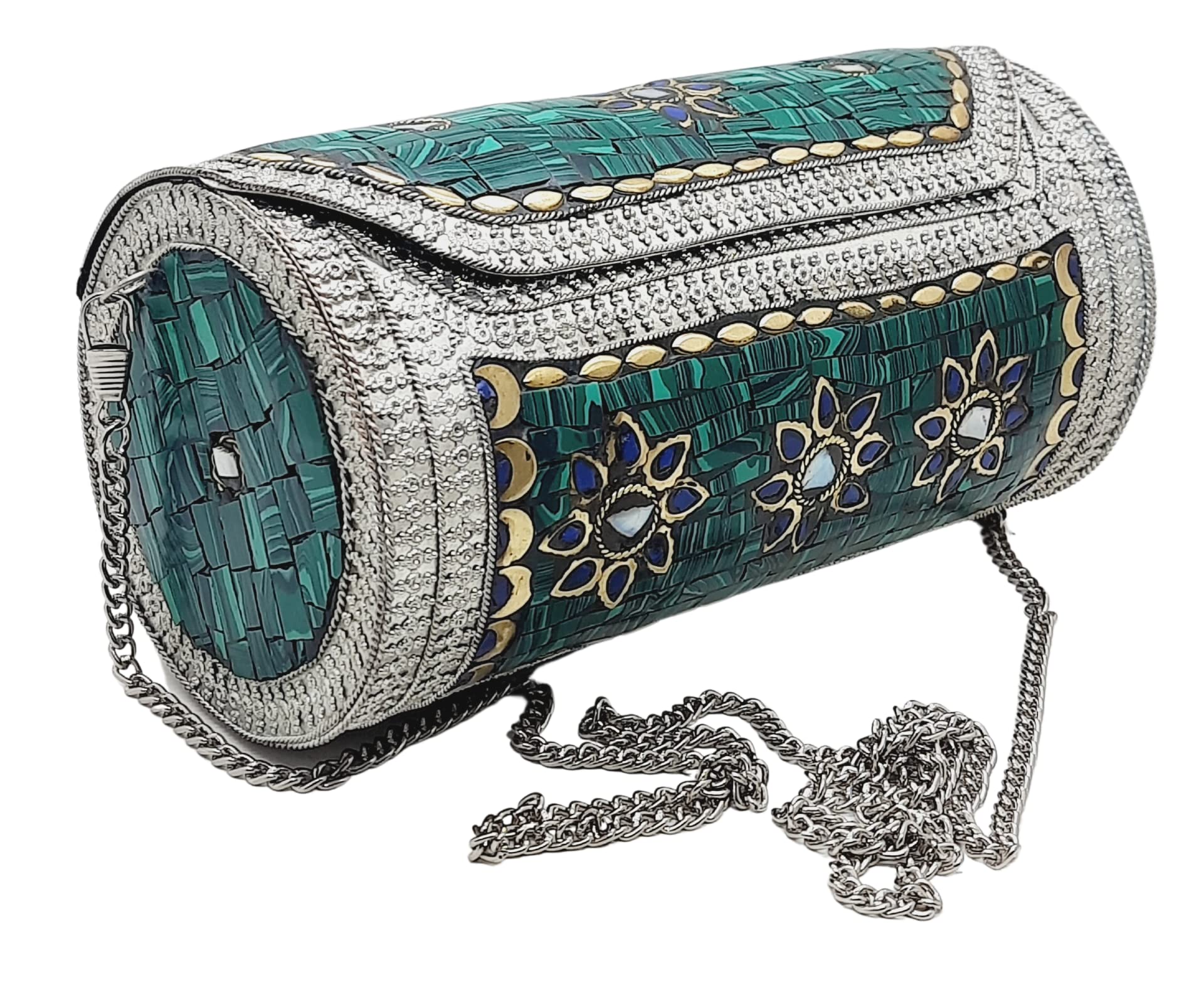 Trend Overseas Eye Catching Handmade Cylinder Round Ethnic Stone Metal bag Antique Bridal clutch (Green) (B0BYW5HWH5) Amazon Price History, Amazon Price Tracker