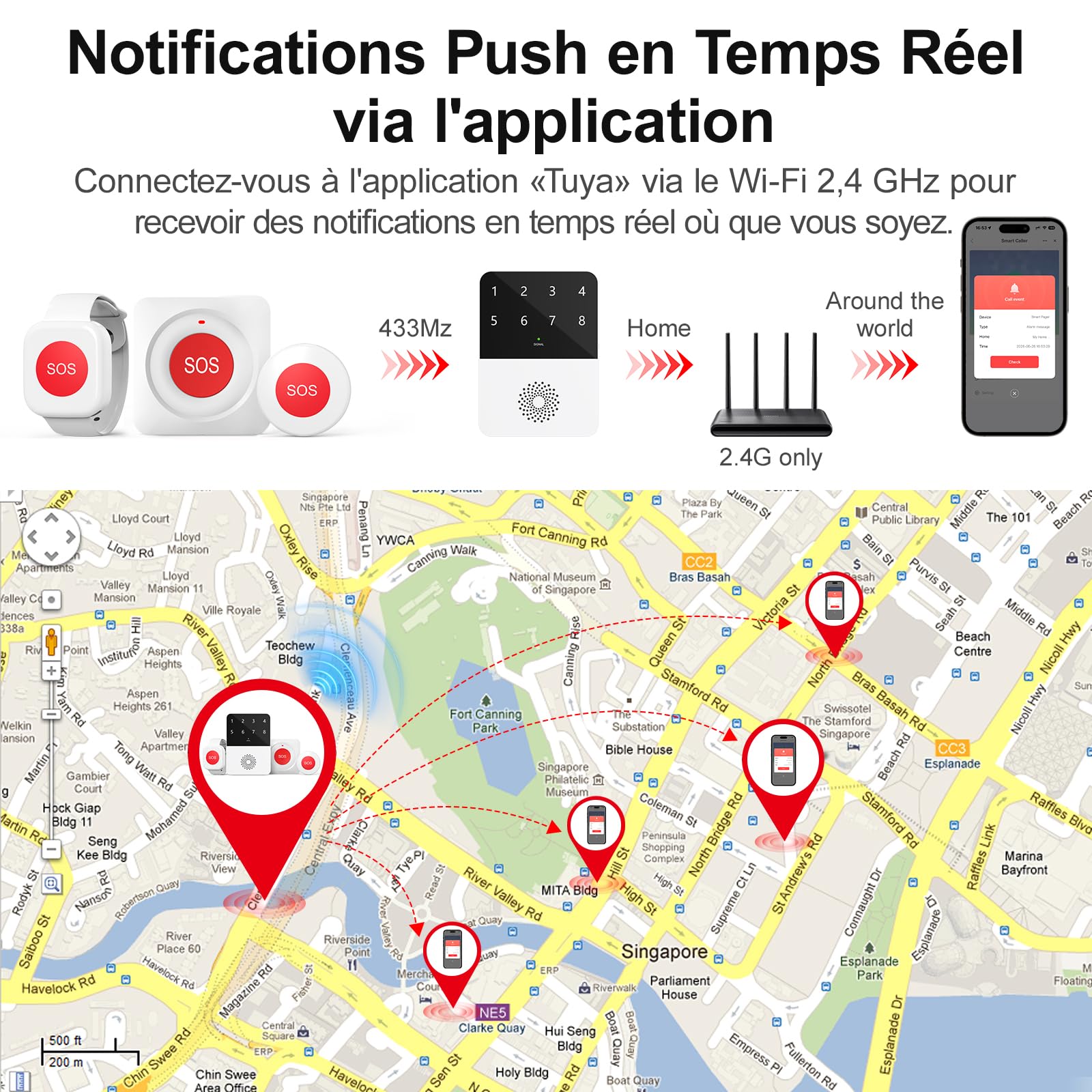 Bouton d'appel d'urgence WiFi, Alarme Personne pour Personnes Agées, Enfants, Patients, Femmes Enceintes(2 Boutons d'appel SOS, 1 Bracelet SOS, 1 Récepteur)