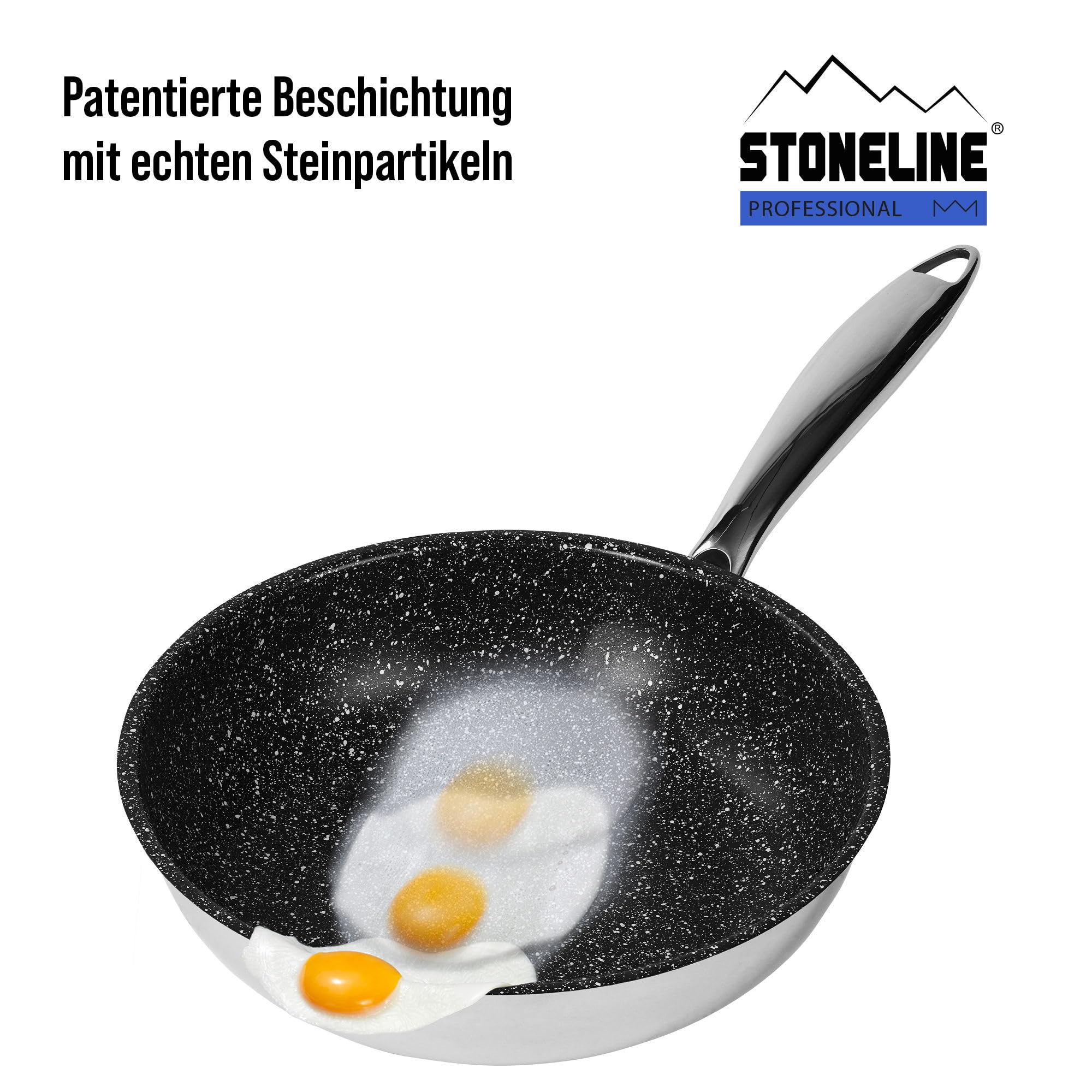 STONELINE PROFESSIONAL Batterie de cuisine en acier inoxydable 11 pièces 18/20/24 cm, poêle et casseroles en acier inoxydable avec couvercle, revêtement antiadhésif avec véritables particules de