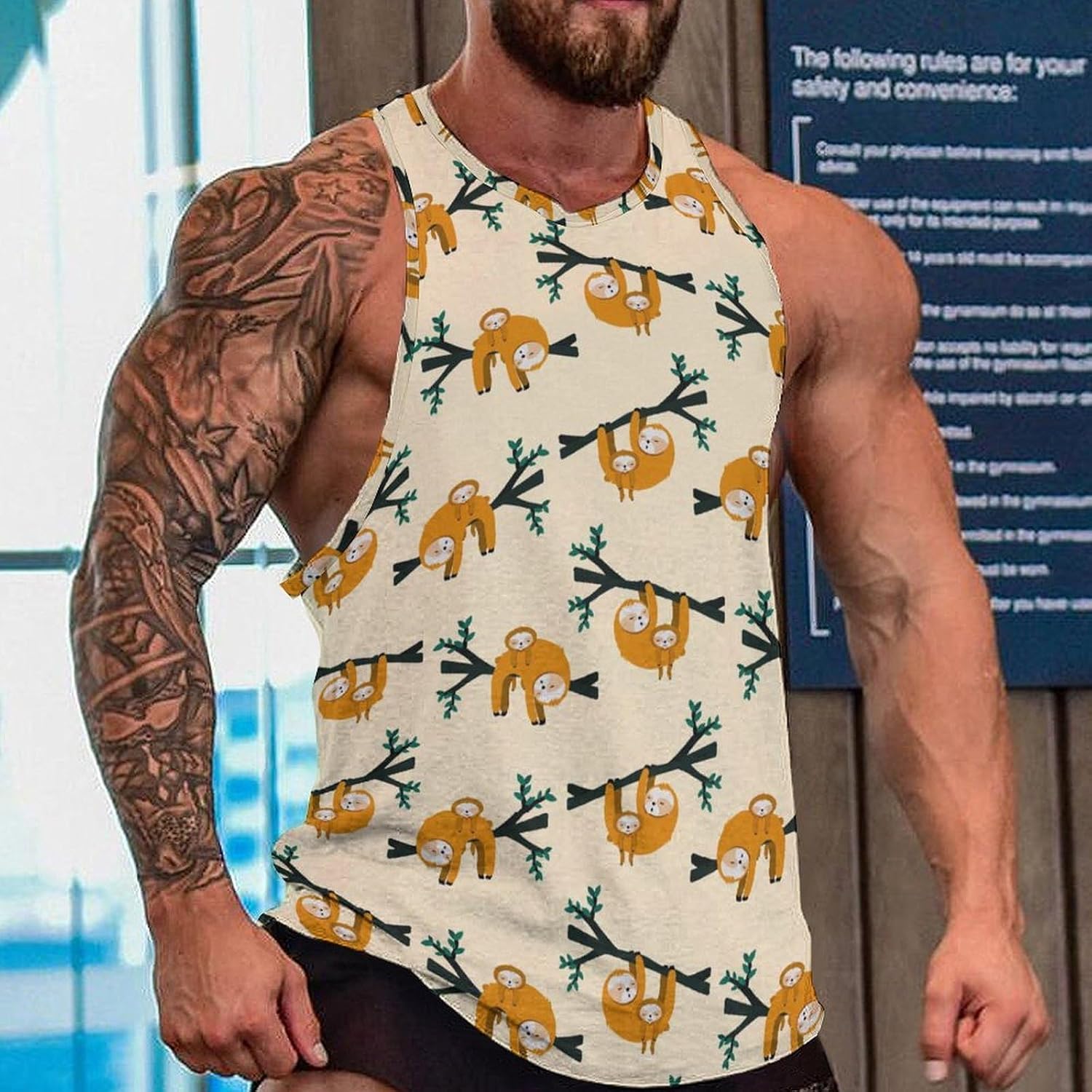 Cute Sloth Mens Tank Tops Sleeveless Muscle Shirts Beach Casual Gym Shirt Vest Tee Tops