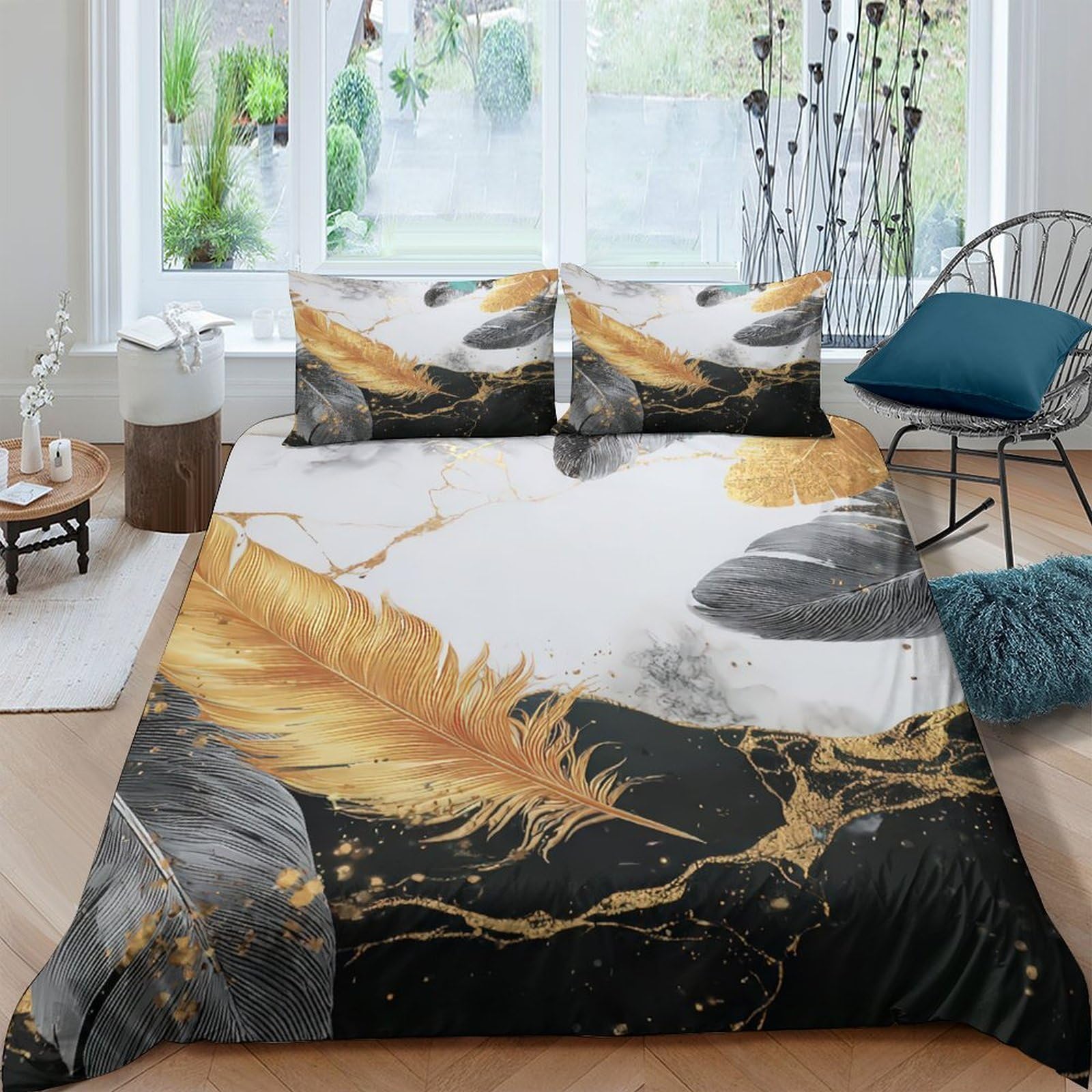 GPLZQXKJNH 3D Printed Golden Feather Duvet Cover Microfiber Black Marble Bedding Set with 2 Pillowcases for Bedroom Decor Single（135x200cm）