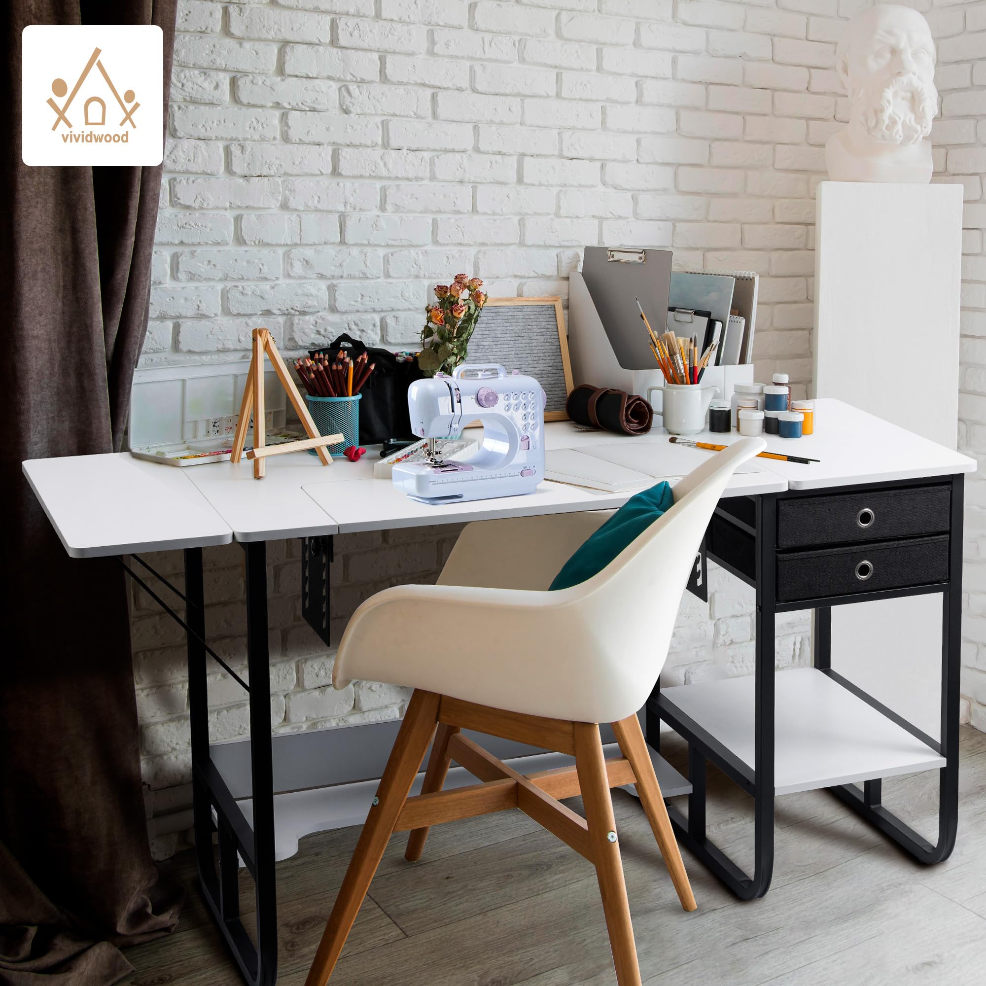 Mesa plegable para máquina de coser, mesa de coser multiusos con plataforma ajustable, estante de almacenamiento y 2 cajones de tela (blanco cálido)