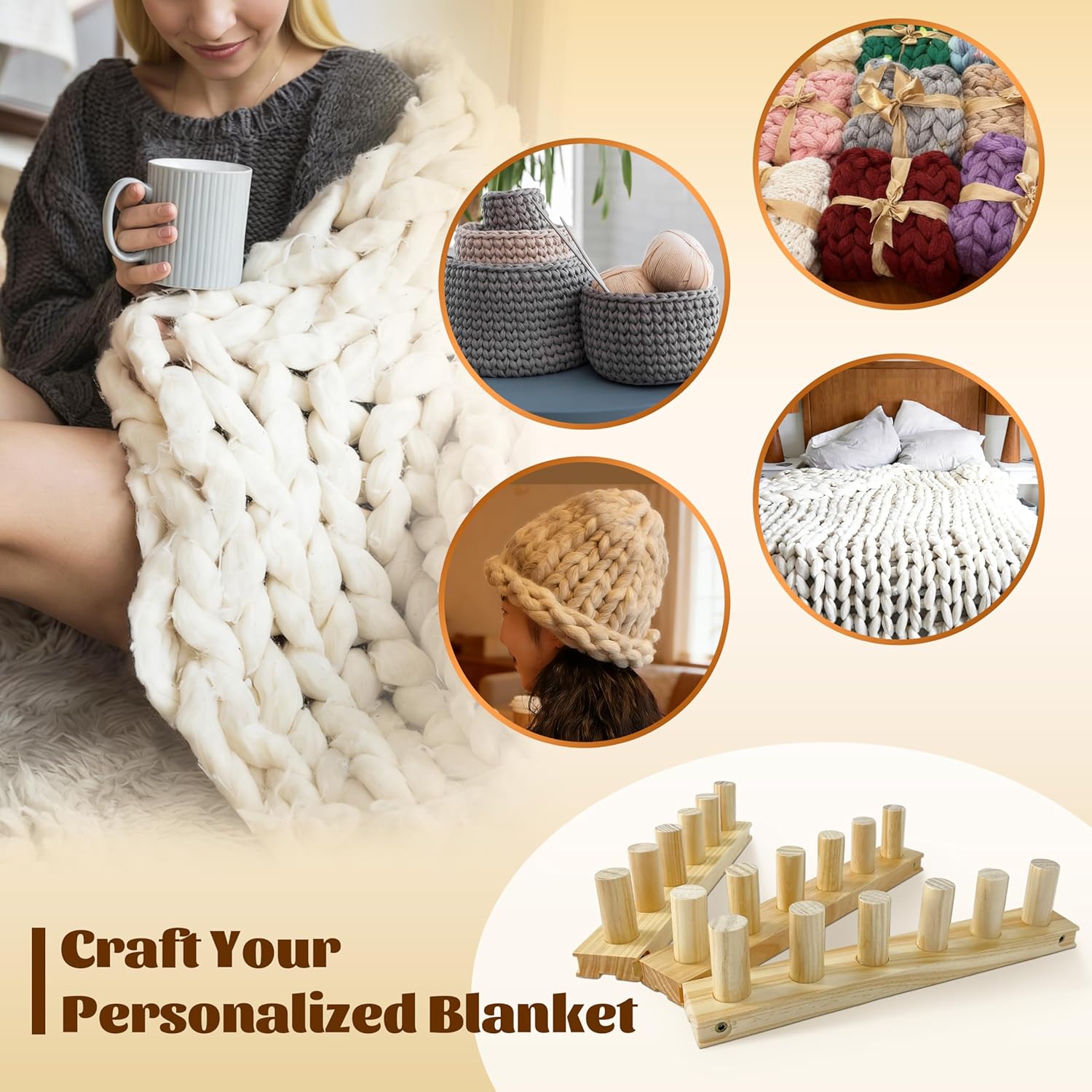 39" Chunky Knitting Blanket Loom - Adjustable Length & Portable Wooden Weaving Loom, for Making Large Blankets and Scarves