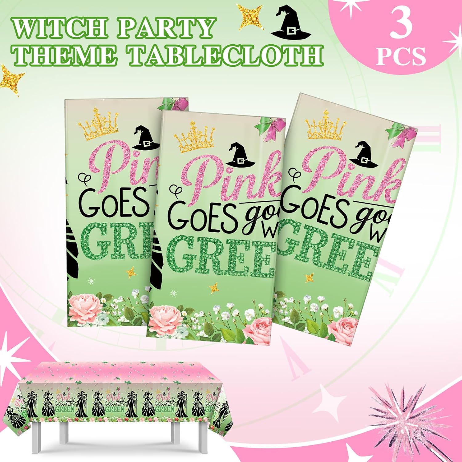 Booson 3Pcs Witch Party Tablecloth 54" x 108" Pink and Green Party Decorations Princess Disposable Waterproof Rectangle Plastic Table Cover for Kids Baby Shower Wedding Halloween Birthday Supplies - Image 5