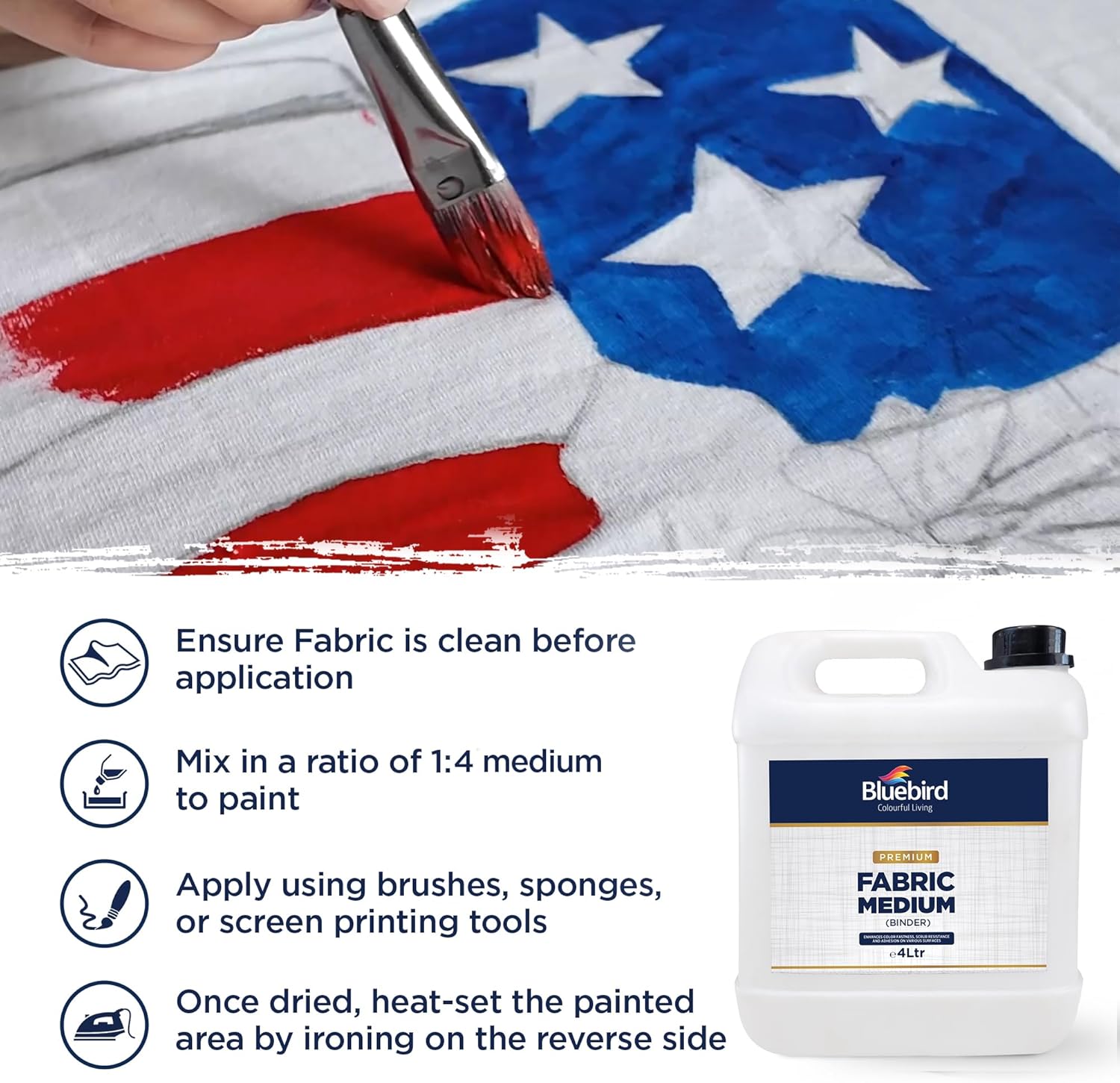 BLUEBIRD Fabric Medium - Textile Medium for Fabric Painting, Prevents Flaking, Ideal for Clothes, Accessories, and More (135.2 Fl Oz)
