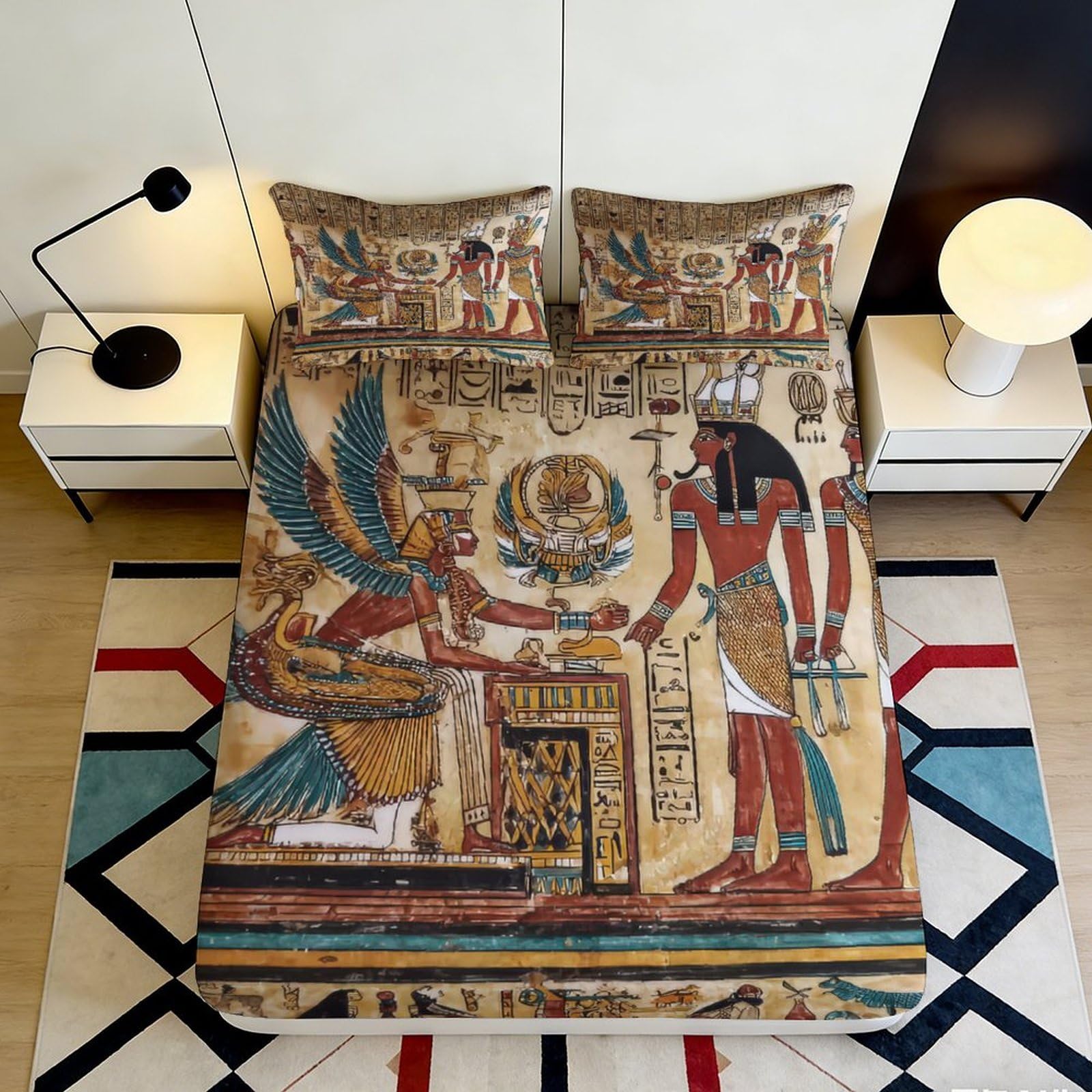 3D Printed Egyptian Pharaoh Fitted Sheet Microfiber Soft Breathable Ancient Hieroglyphs Mattress Cover for Bedroom Decor 90x200x25cm