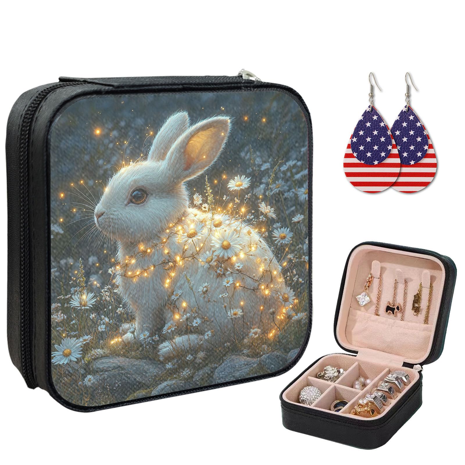 FXIANGWL Small Jewelry Box Travel Jewelry Case Portable PU Leather for Girls Women Jewelry Organizer with American Flag Earrings, Storage Earring,