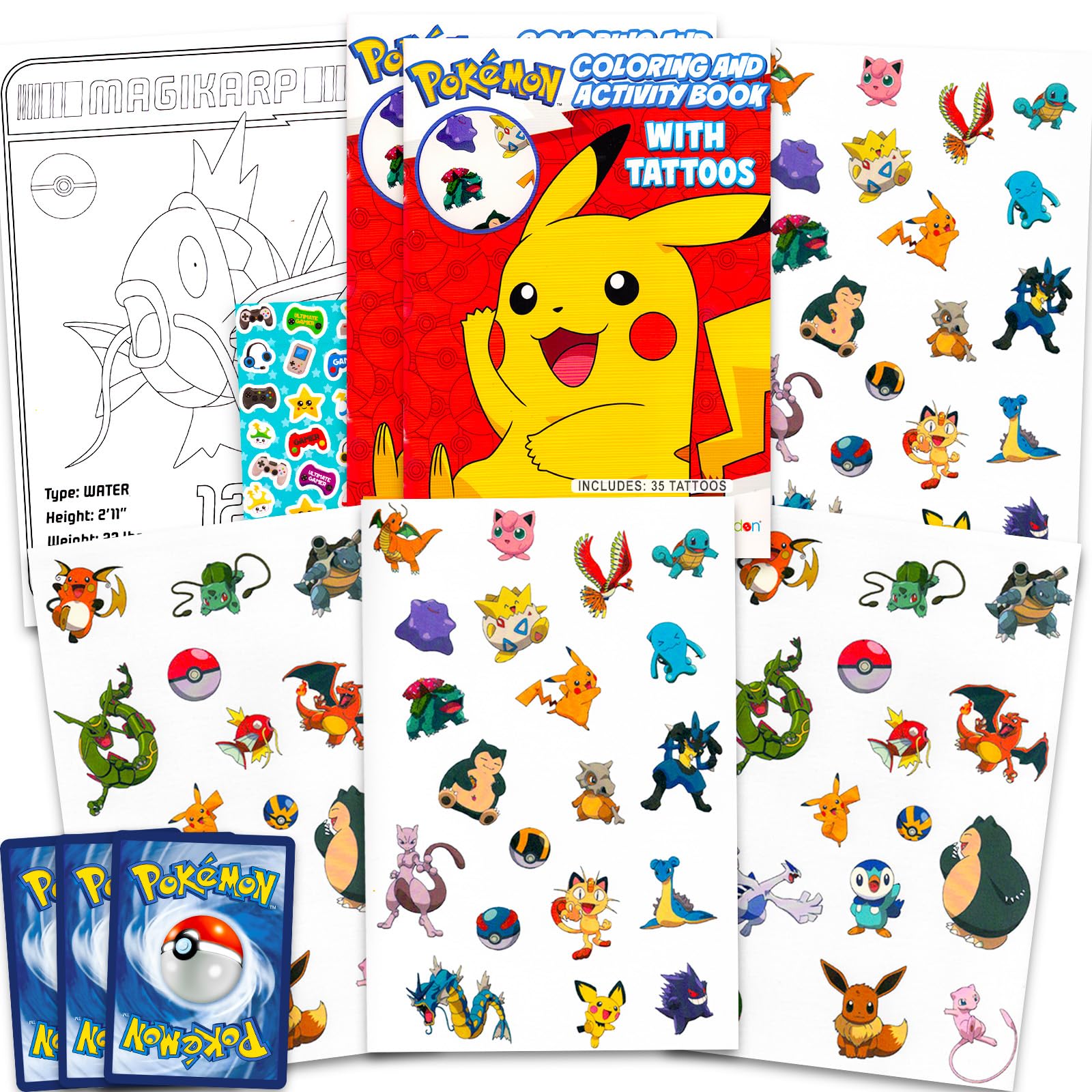 Pokemon Tattoos Party Favors Set - 70 Temporary Tattoos for Kids, Boys, Girls Plus Trading Cards, More | Pokemon Party Supplies Pack