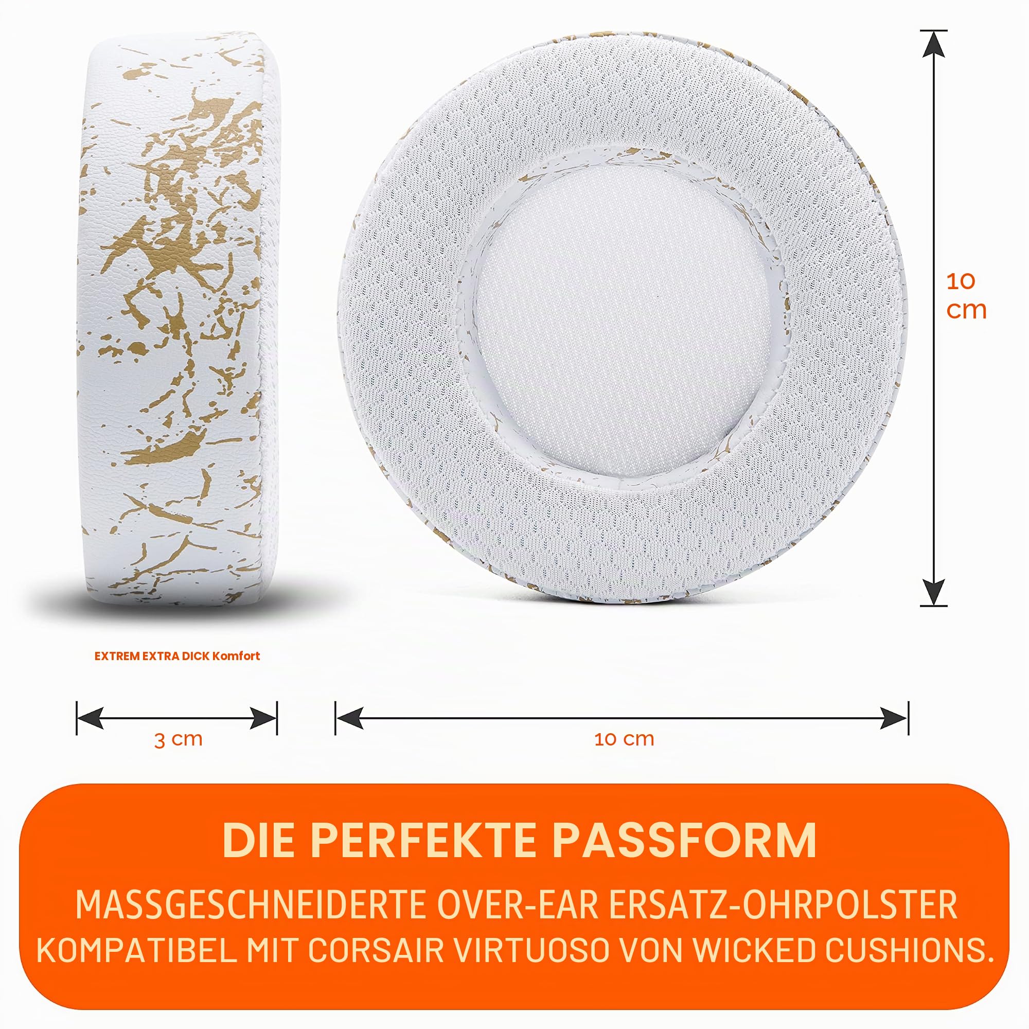 WC Freeze Virtuoso – Kühlgel-Ersatz-Ohrpolster für Corsair Virtuoso | Von Wicked Cushions | Hybrid-Sportstoff für mehr Haltbarkeit, Polsterstärke & Schallisolierung | Gold Marble