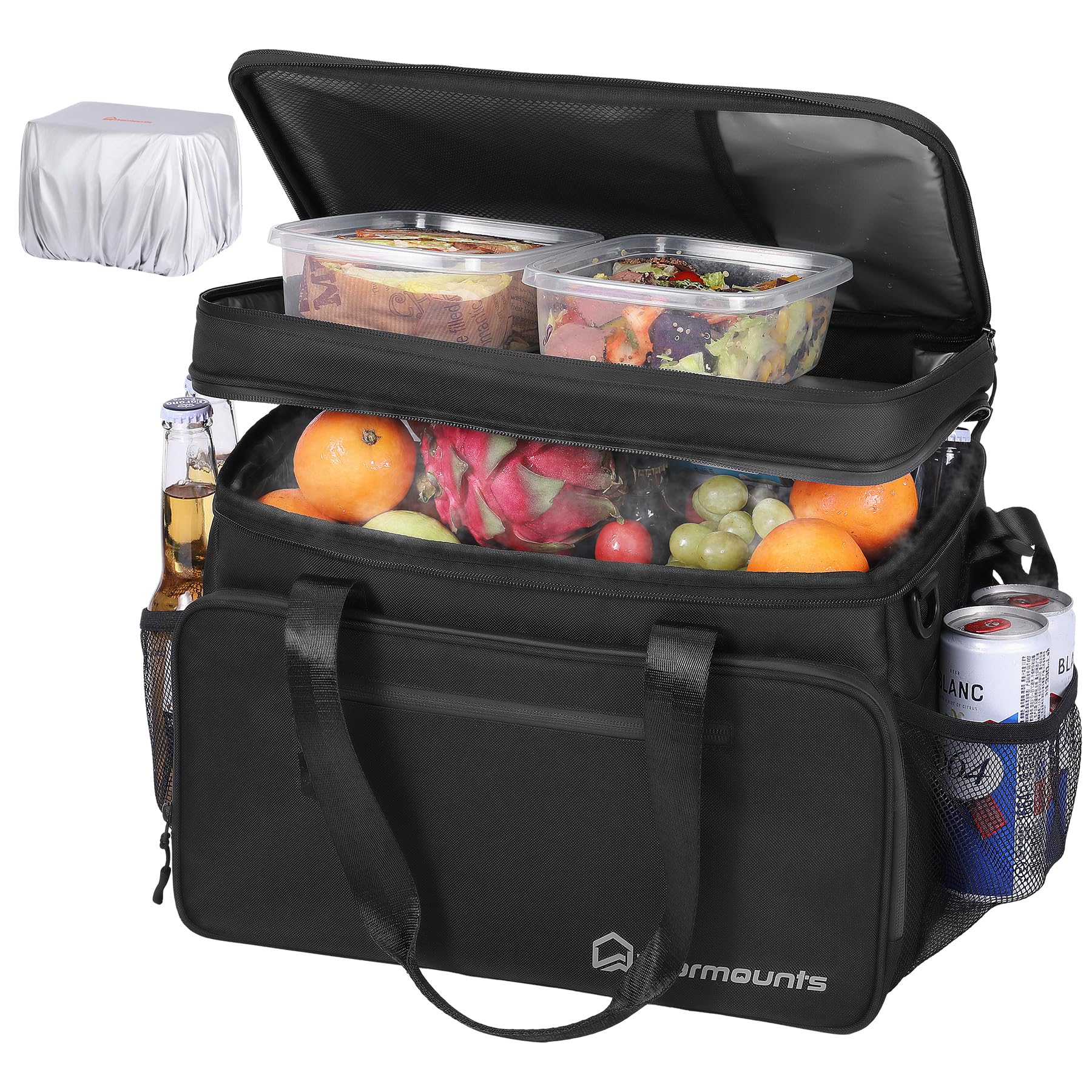 WARMOUNTS Insulated Cooler Bag w/Leakproof PVC Liner, Soft Lunch Bag with 5-Layer Insulation, Ice Chest Cooler for Camping, Beach, Fishing, Picnic, Travel (Black, 48-Can)