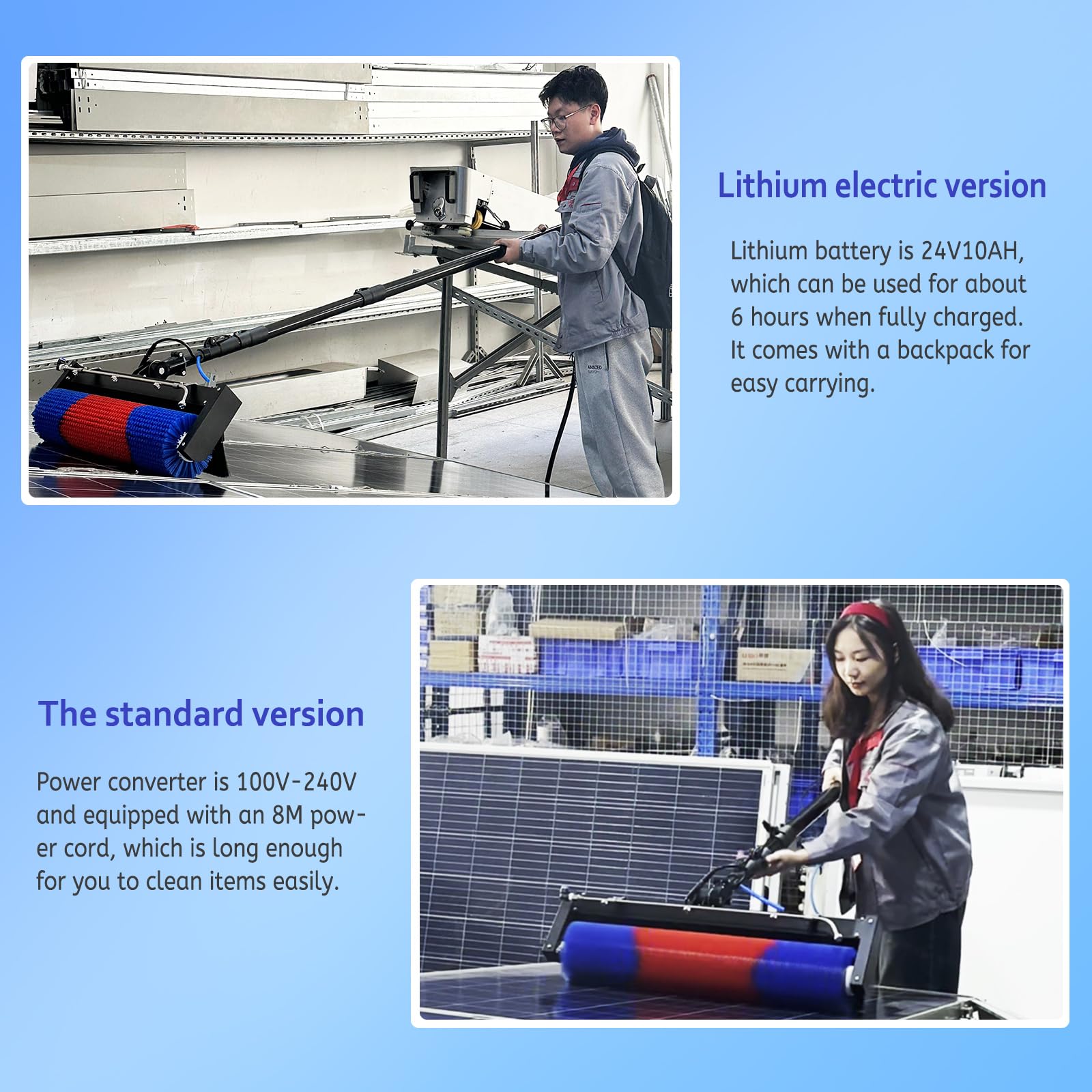 Cepillo Rodillo de Limpieza de Paneles Solares, 24 FT Kit de Poste Alimentado por Agua, Kit de Limpieza de Ventanas para Exteriores Ajustable, con batería de Litio ASIN B0D48LP1P1