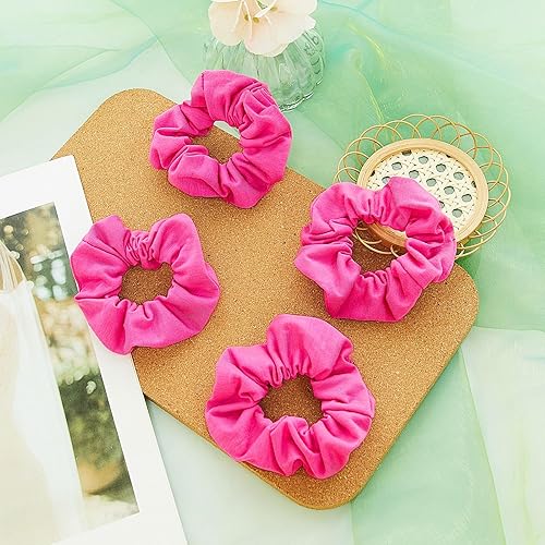 Miniatura 5 de Tigeen 24 coleteros de color rosa intenso para regalo de fiesta suave para el cabello, bandas elásticas gruesas de algodón de colores sólidos, para