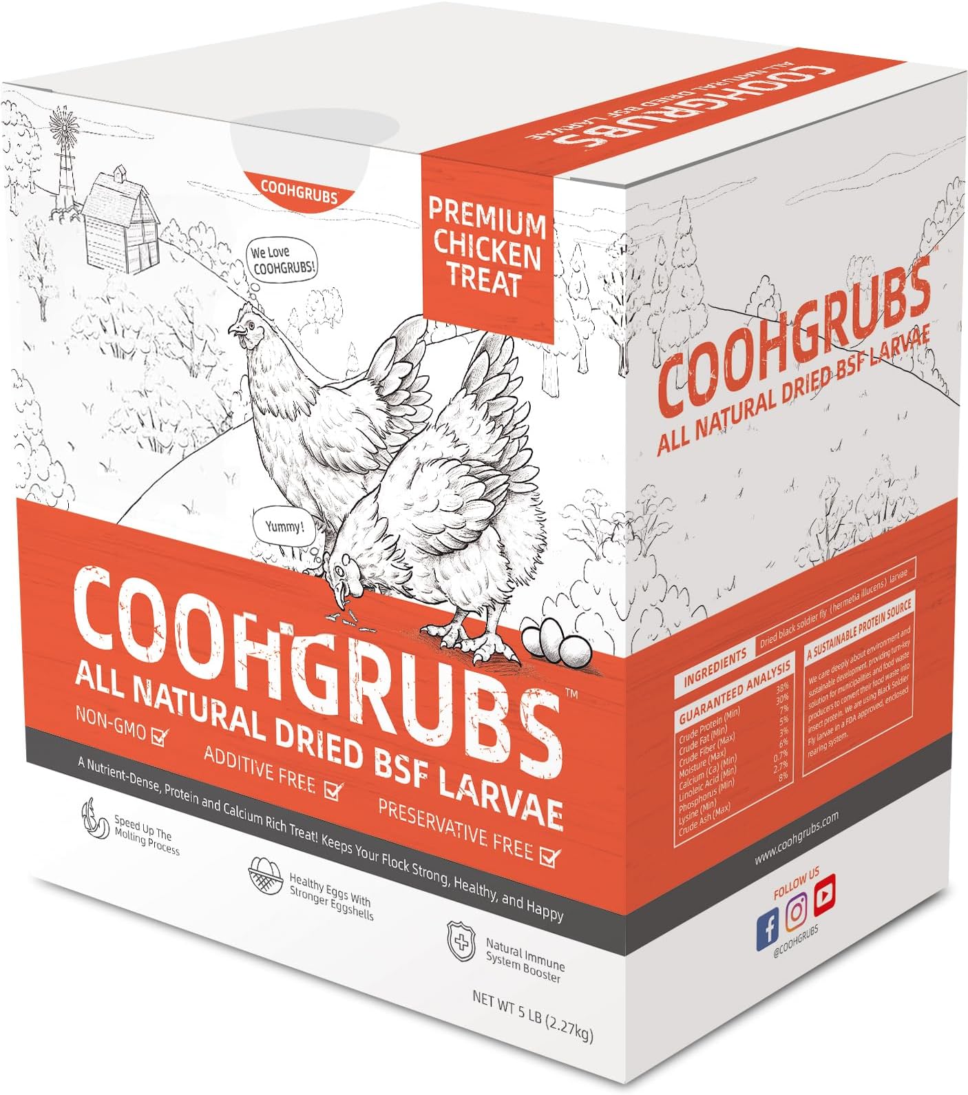 COOHGRUBS Black Soldier Fly Larvae for Chickens – 100% Natural Non-GMO Grubs, 85X More Calcium Than Dried Mealworms – Clean, Nutritious & Delicious High-Protein Poultry & Bird Treats, 5-lb Box