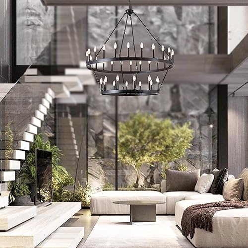 Miniatura 6 de XILICON Candelabro negro con rueda de carro, lámpara de 2 niveles y 36 luces de granja, lámpara colgante de techo para cocina, comedor, entrada