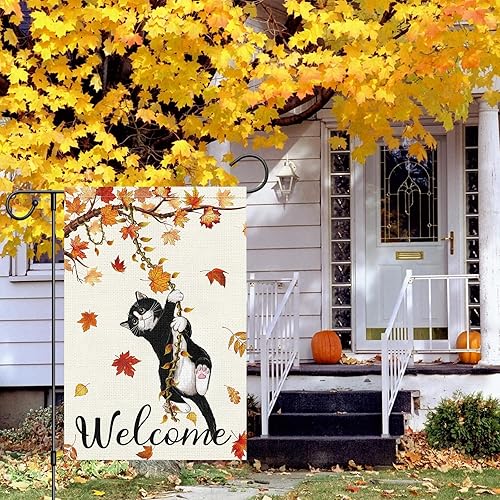 Miniatura 2 de Louise Maelys Bandera de jardín de gato de bienvenida de otoño de 12 x 18 pulgadas, doble cara, pequeña arpillera de otoño con gato negro, bandera