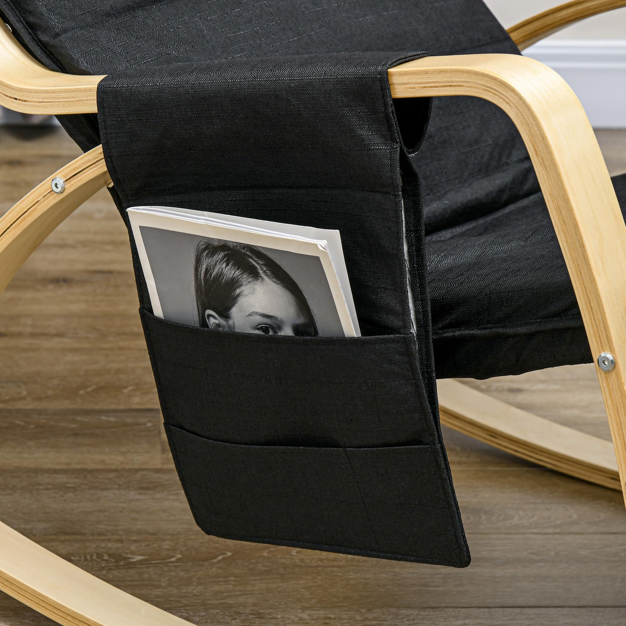 HOMCOM Fauteuil à Bascule Fauteuil Allaitement Relax Salon avec Repose-Pieds réglable, Poche latérale et Appui-tête, Rocking Chair pour Chambre, 67 x 110 x 91 cm Noir