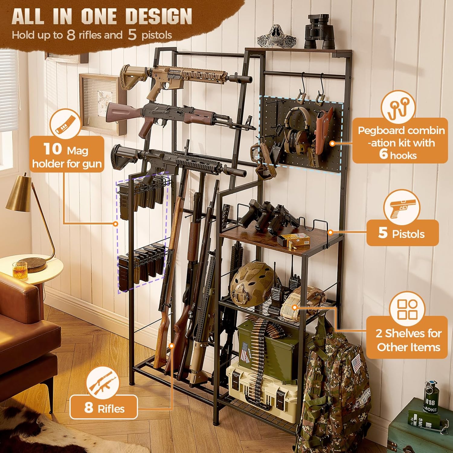 Gun Rack, 8 Rifle Rack Stand with Pistol Shelves, Indoor Gun Rack for Wall Mount, Floor Gun Stand with 2 Bottom Storage Shelves, Folding Gun Rack Stand for Hunting Rifle Airsoft Gun Holder