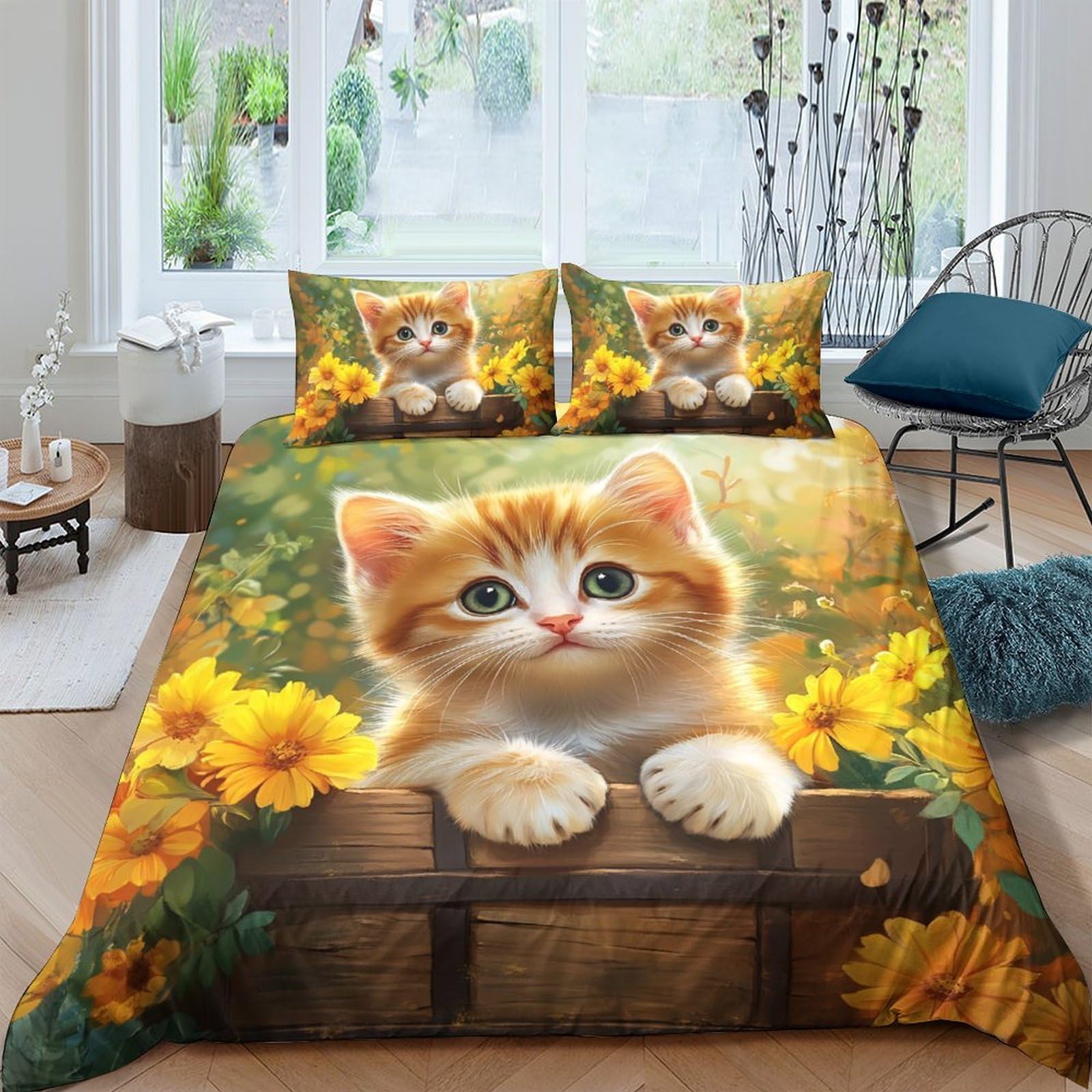 TUFRTGYHN 3D Printed Cute Orange Kitten Duvet Cover Microfiber Soft Breathable Sunflower Quilt Cover Set with 2 Pillowcases for Bedroom Decor Single（135x200cm）